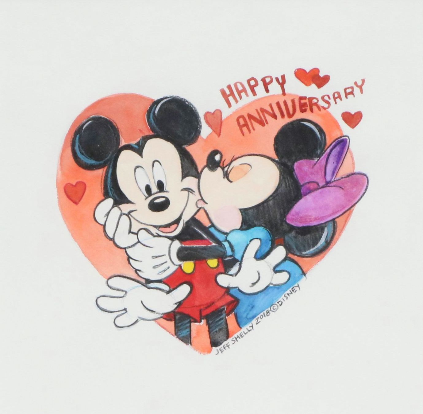 Jeff Shelly for Disney Mixed Media Drawing of Mickey and Minnie Mouse, 2018