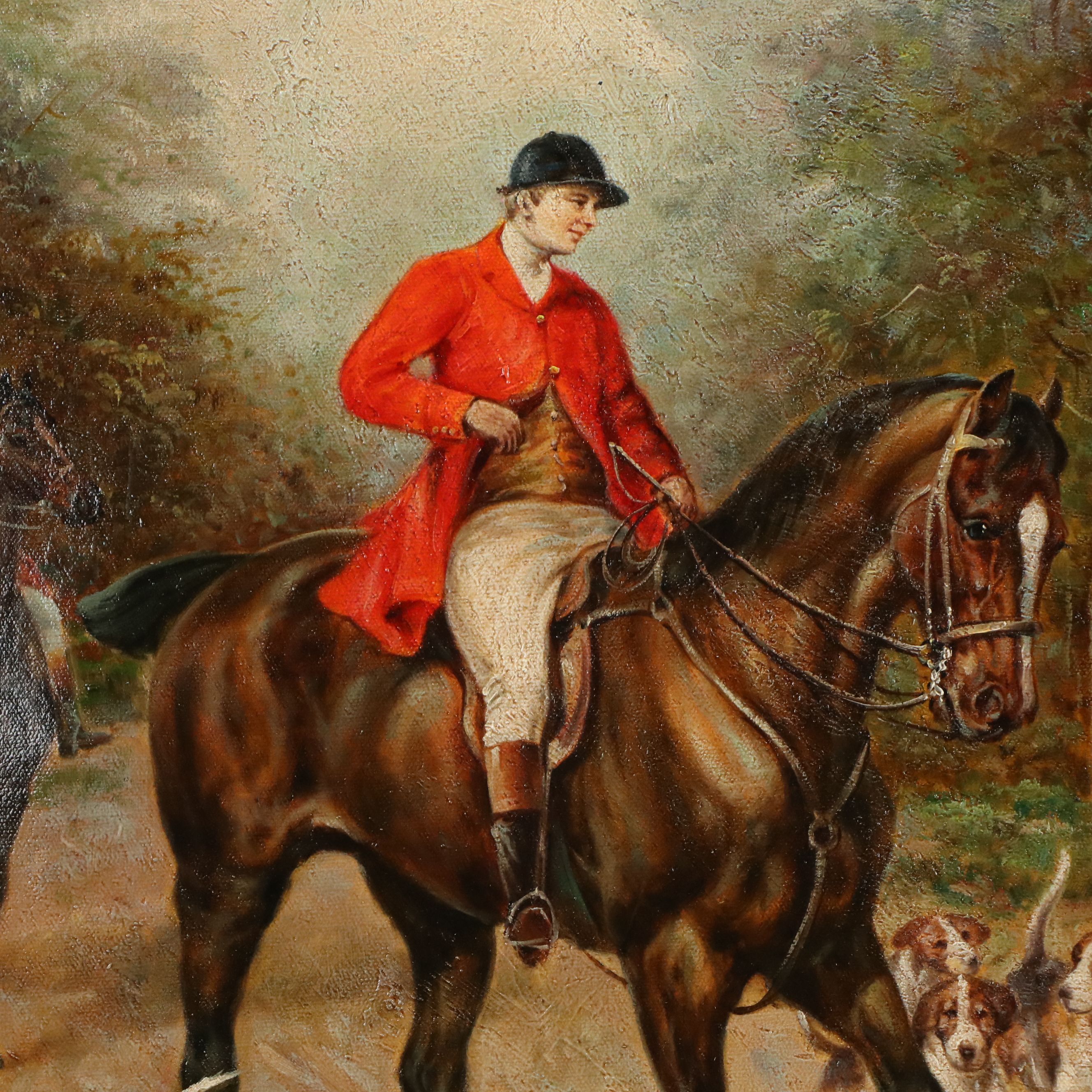 R. Pittman Oil Painting of Woman Greeting Hunting Party, Mid-20th Century