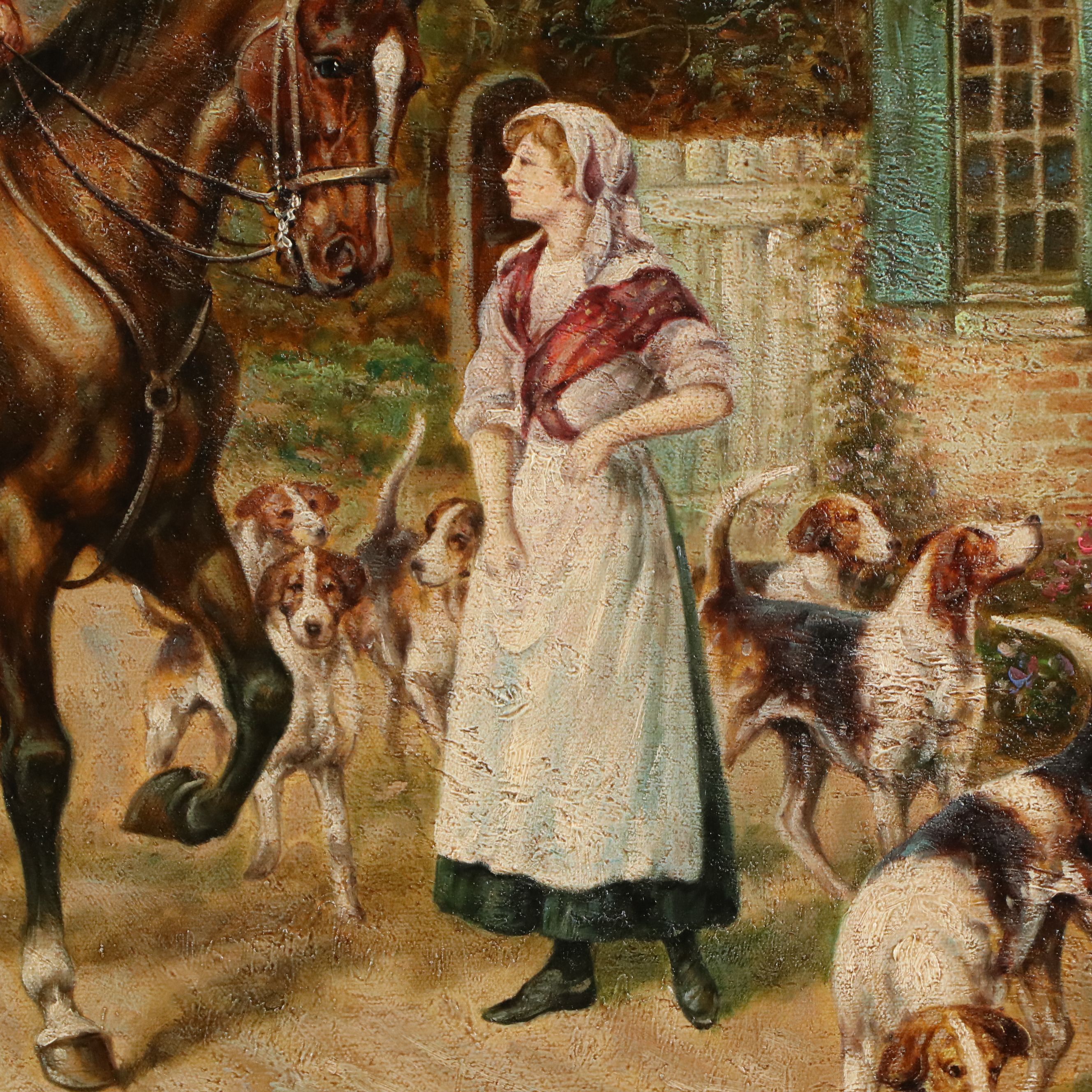 R. Pittman Oil Painting of Woman Greeting Hunting Party, Mid-20th Century