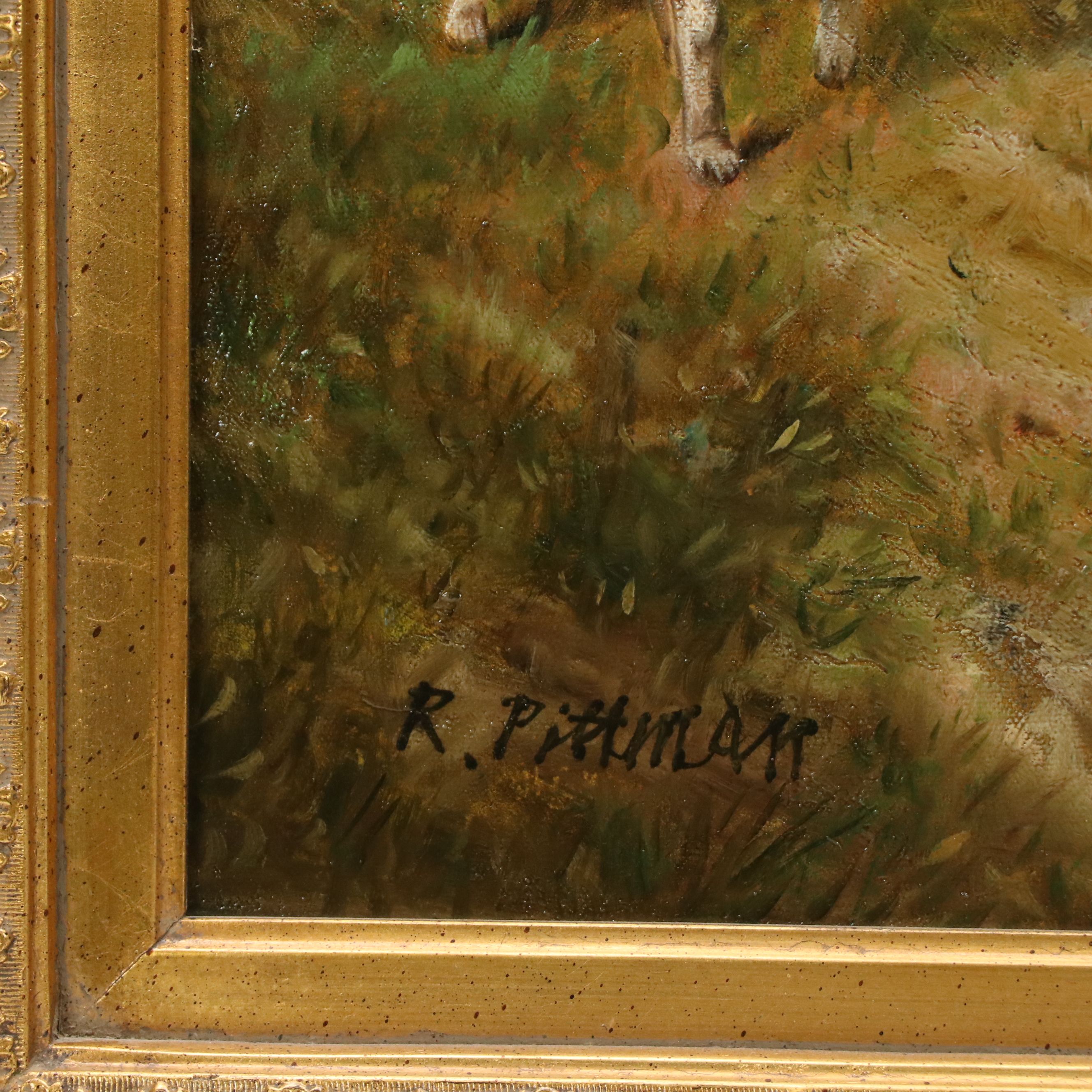 R. Pittman Oil Painting of Woman Greeting Hunting Party, Mid-20th Century