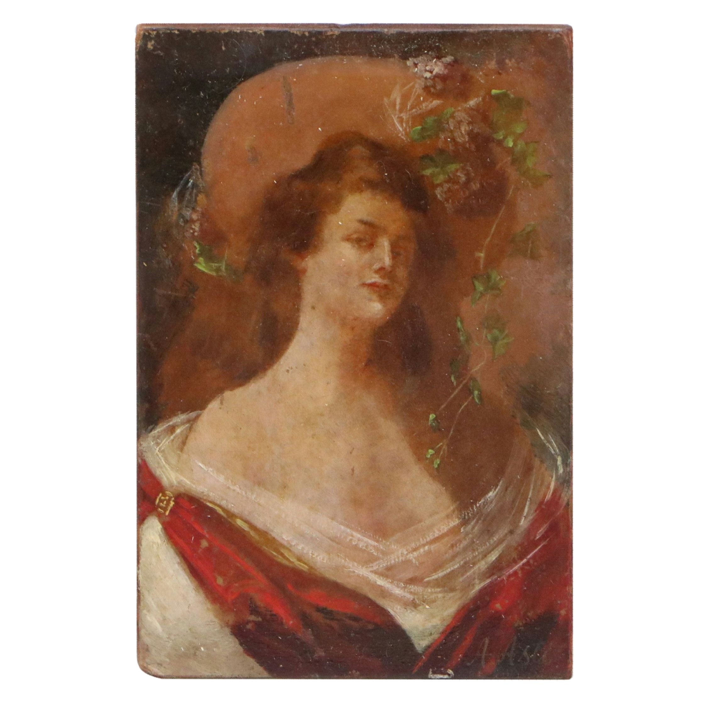 Attributed to Angelo Asti Oil Portrait of Woman with Large Hat, Late 19th C.