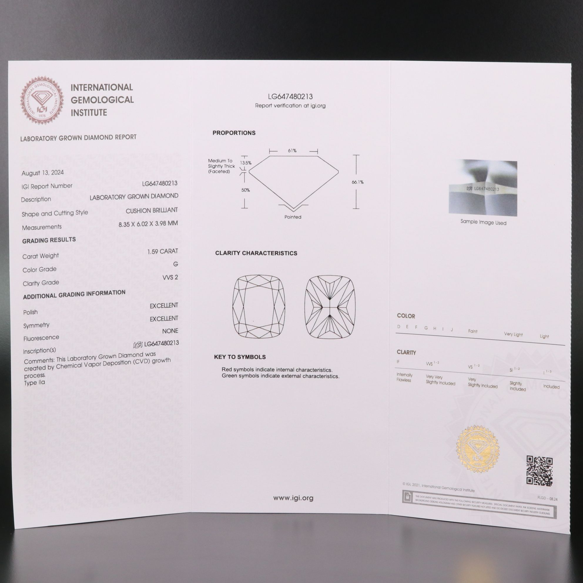 Loose 1.59 CT Lab Grown Diamond with IGI Report