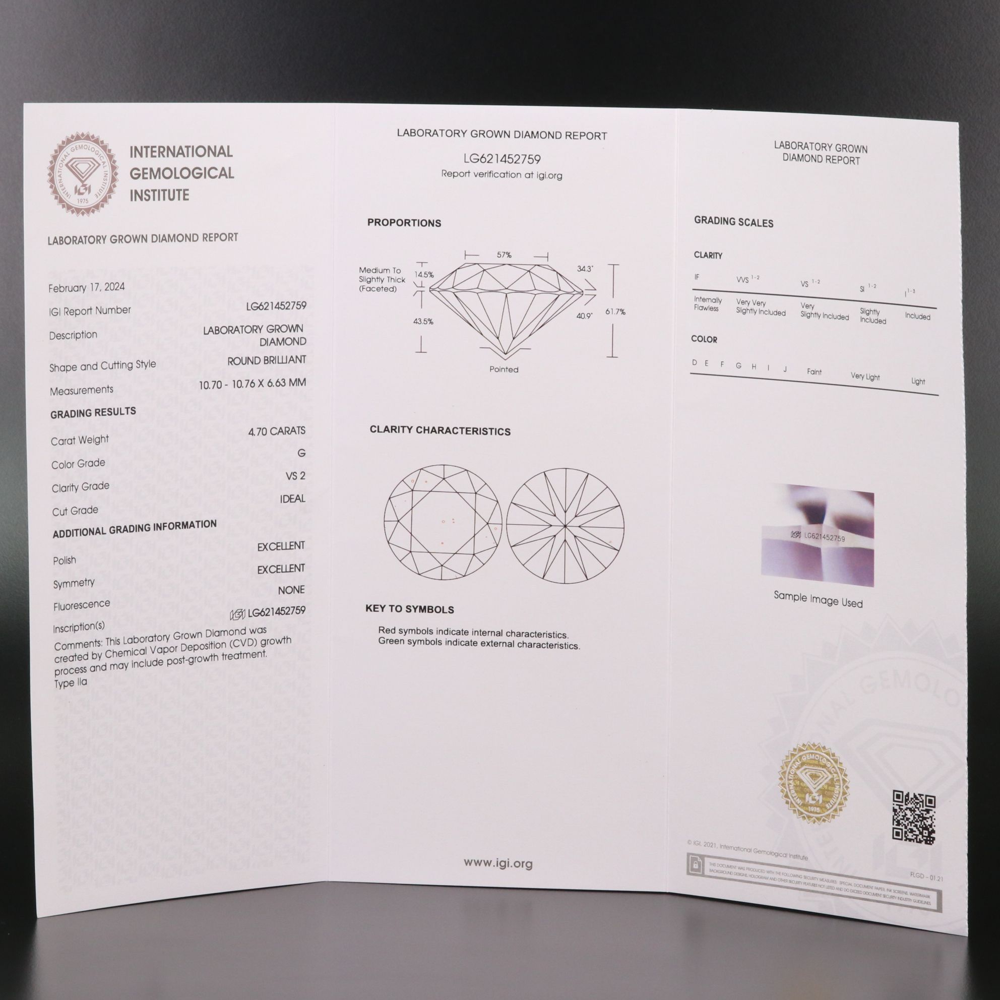 Loose 4.70 CT Lab Grown Diamond with IGI Report