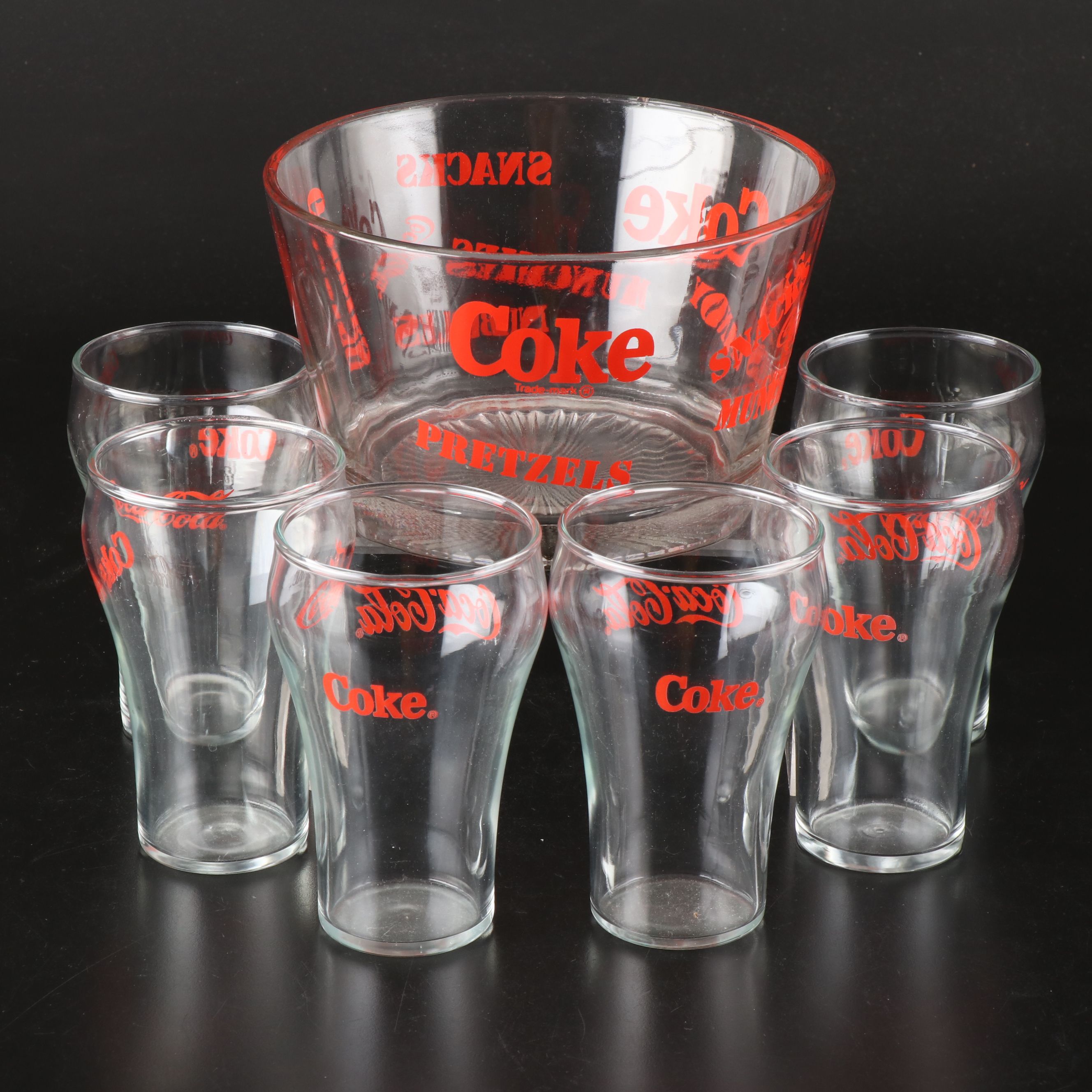 Coca-Cola Glass Snack Bowl and Tumblers, Late 20th C.