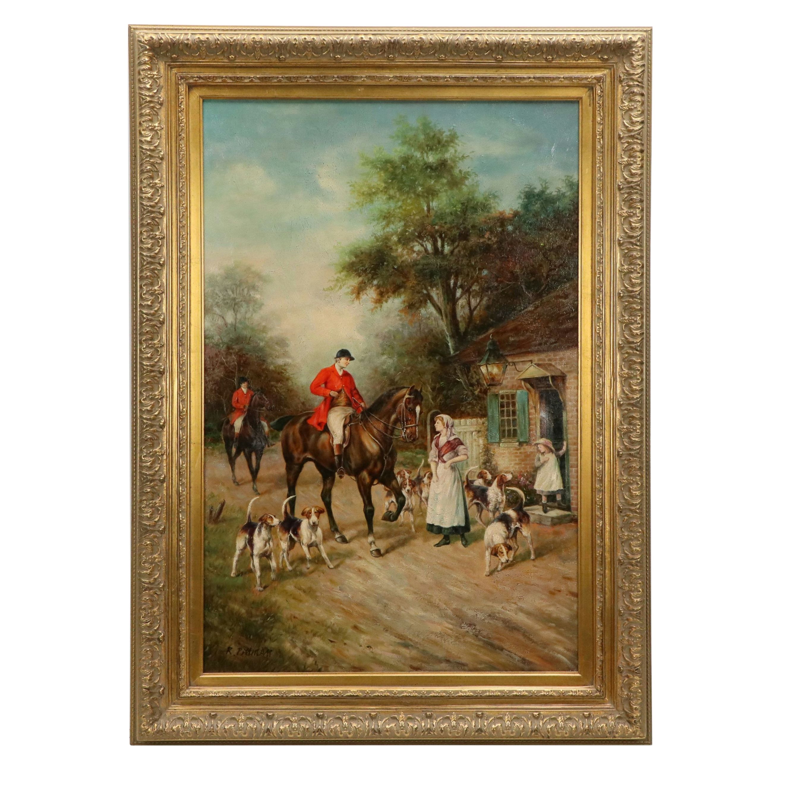 R. Pittman Oil Painting of Woman Greeting Hunting Party, Mid-20th Century