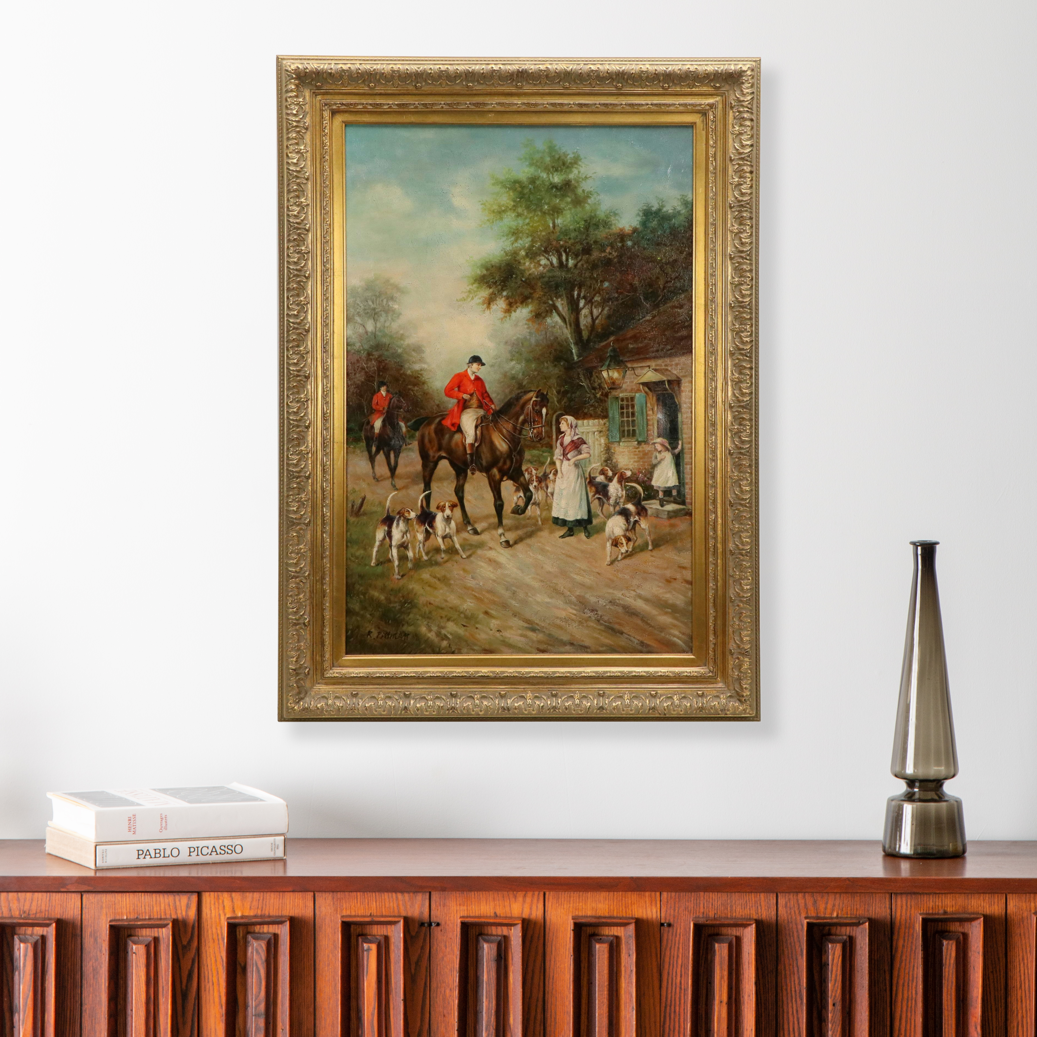 R. Pittman Oil Painting of Woman Greeting Hunting Party, Mid-20th Century