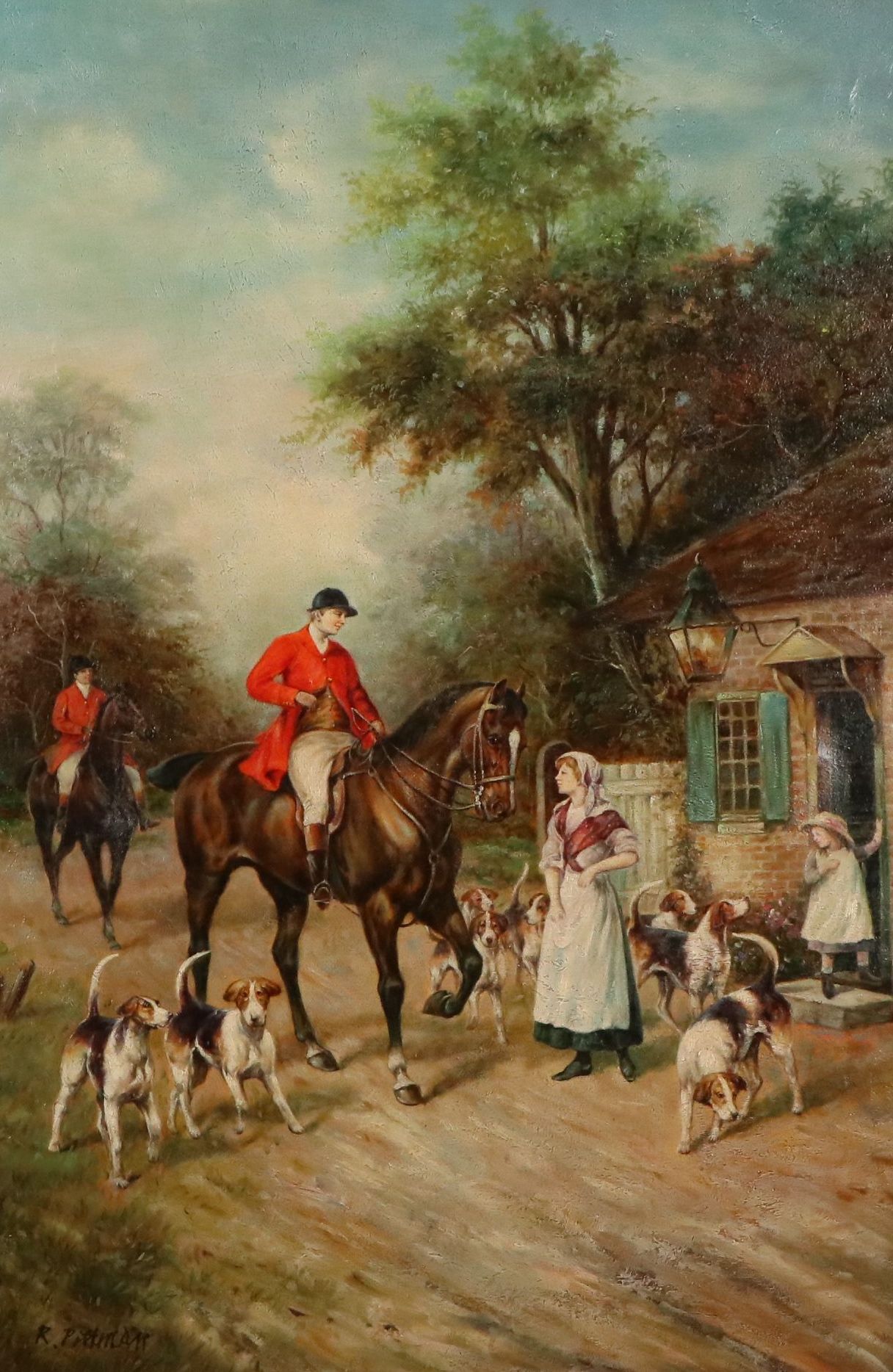 R. Pittman Oil Painting of Woman Greeting Hunting Party, Mid-20th Century