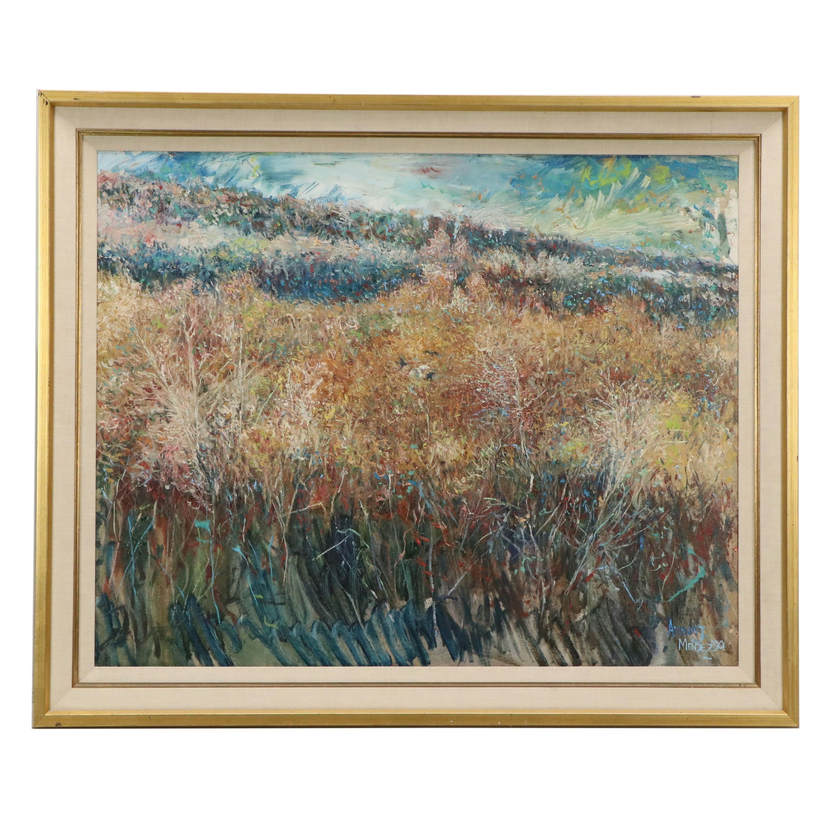 Antonio Joseph Mendez Oil Painting of Abstracted Tall Grass, 1990