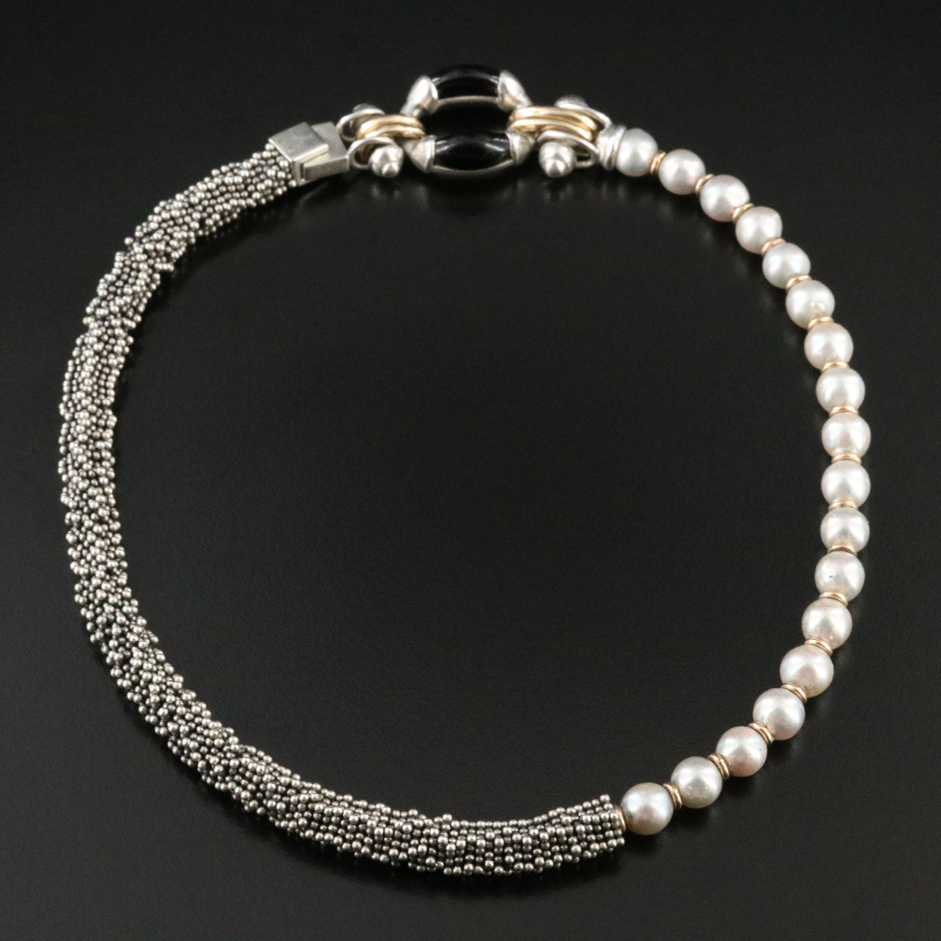 Michael Dawkins Sterling Pearl and Black Onyx Disc Bead Necklace