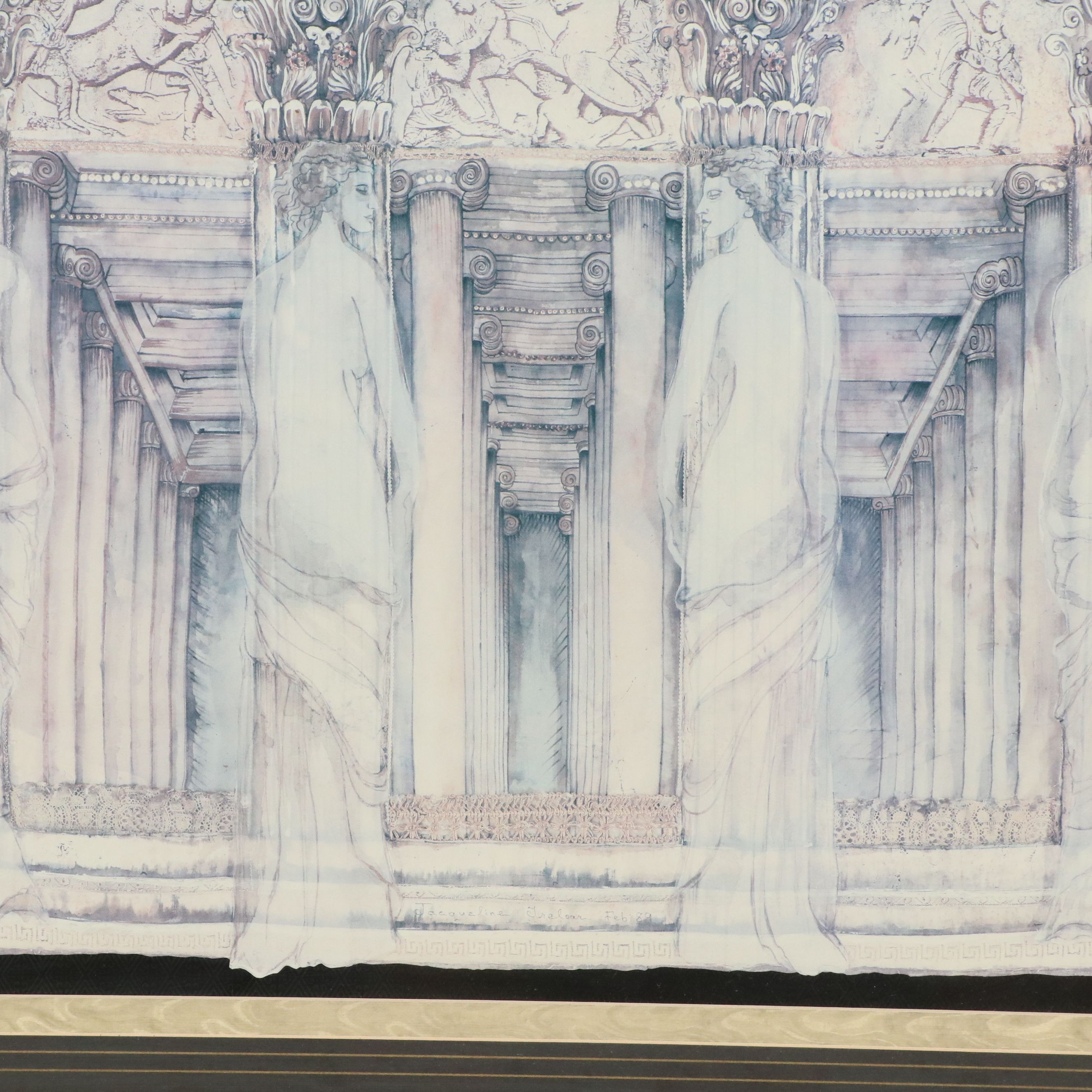 Jacqueline Treloar Offset Lithograph of Ancient Mediterranean Temple, 1989