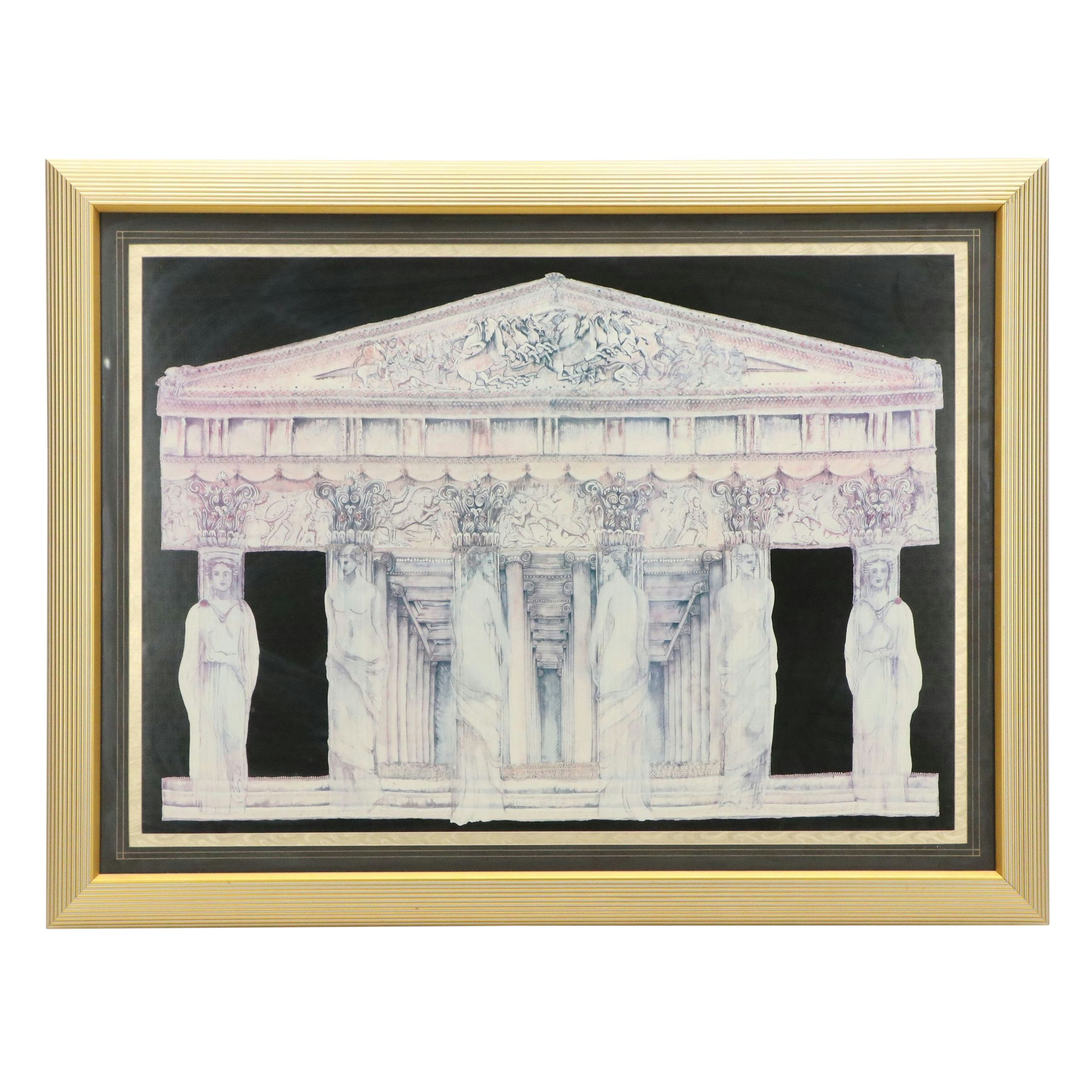 Jacqueline Treloar Offset Lithograph of Ancient Mediterranean Temple, 1989