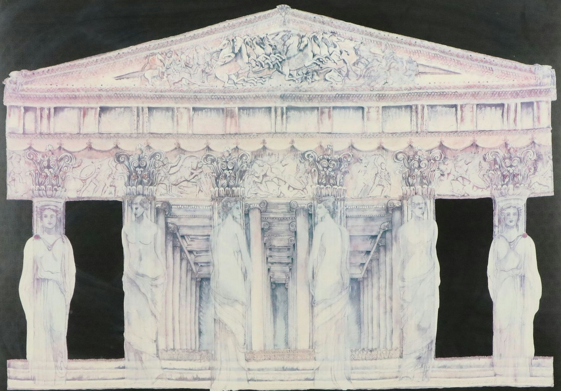 Jacqueline Treloar Offset Lithograph of Ancient Mediterranean Temple, 1989