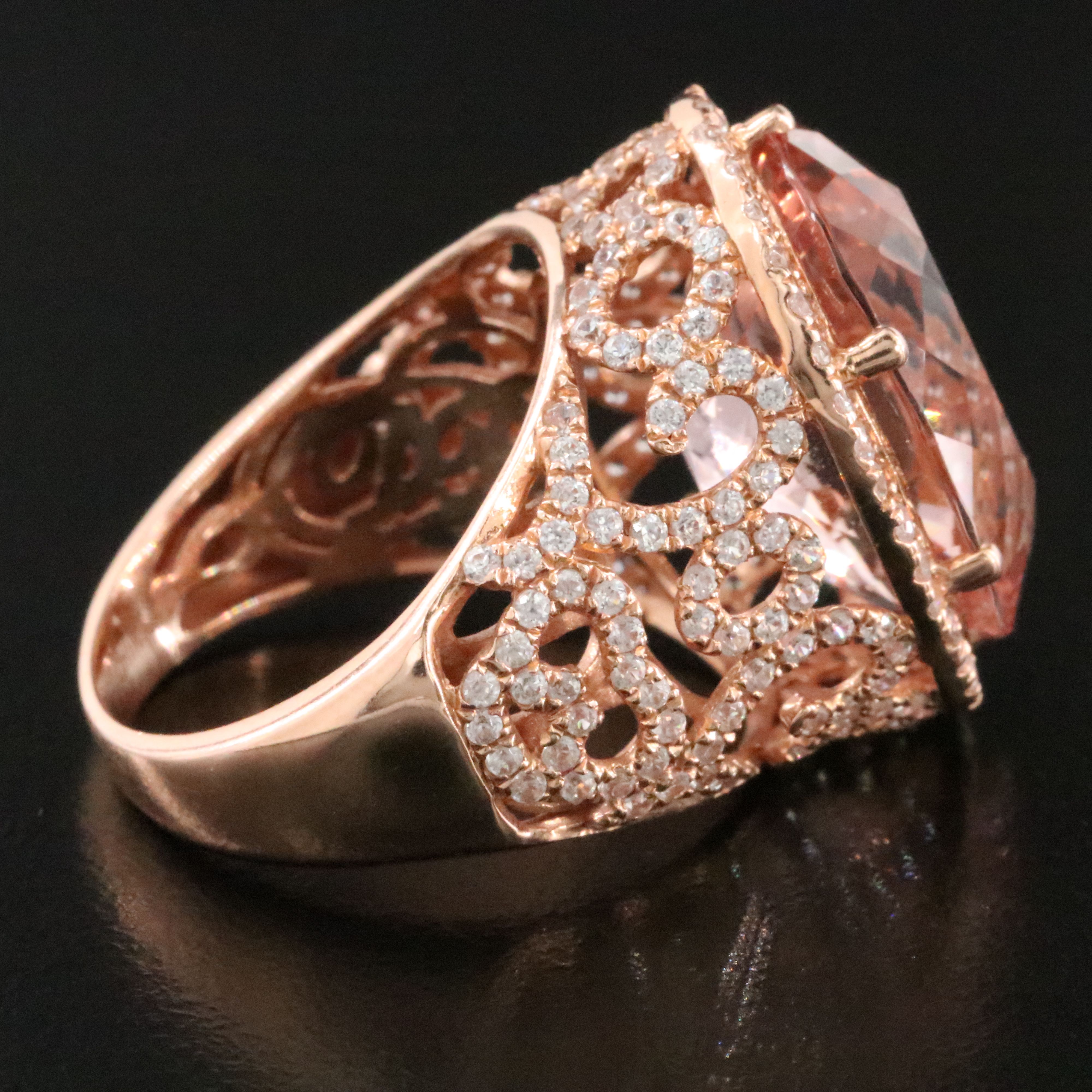 14K Rose Gold 12.84 CT Morganite and White Zircon Ring