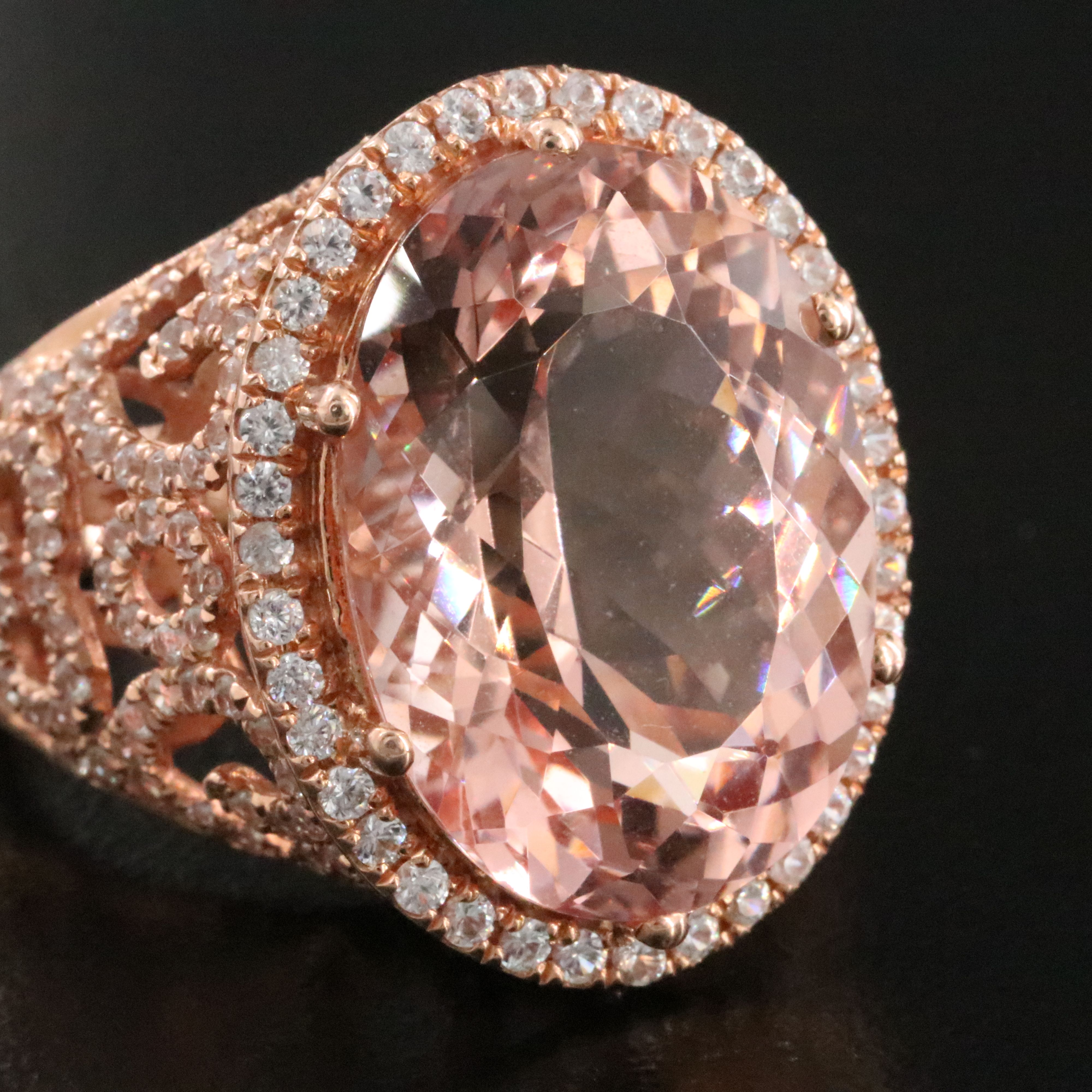 14K Rose Gold 12.84 CT Morganite and White Zircon Ring