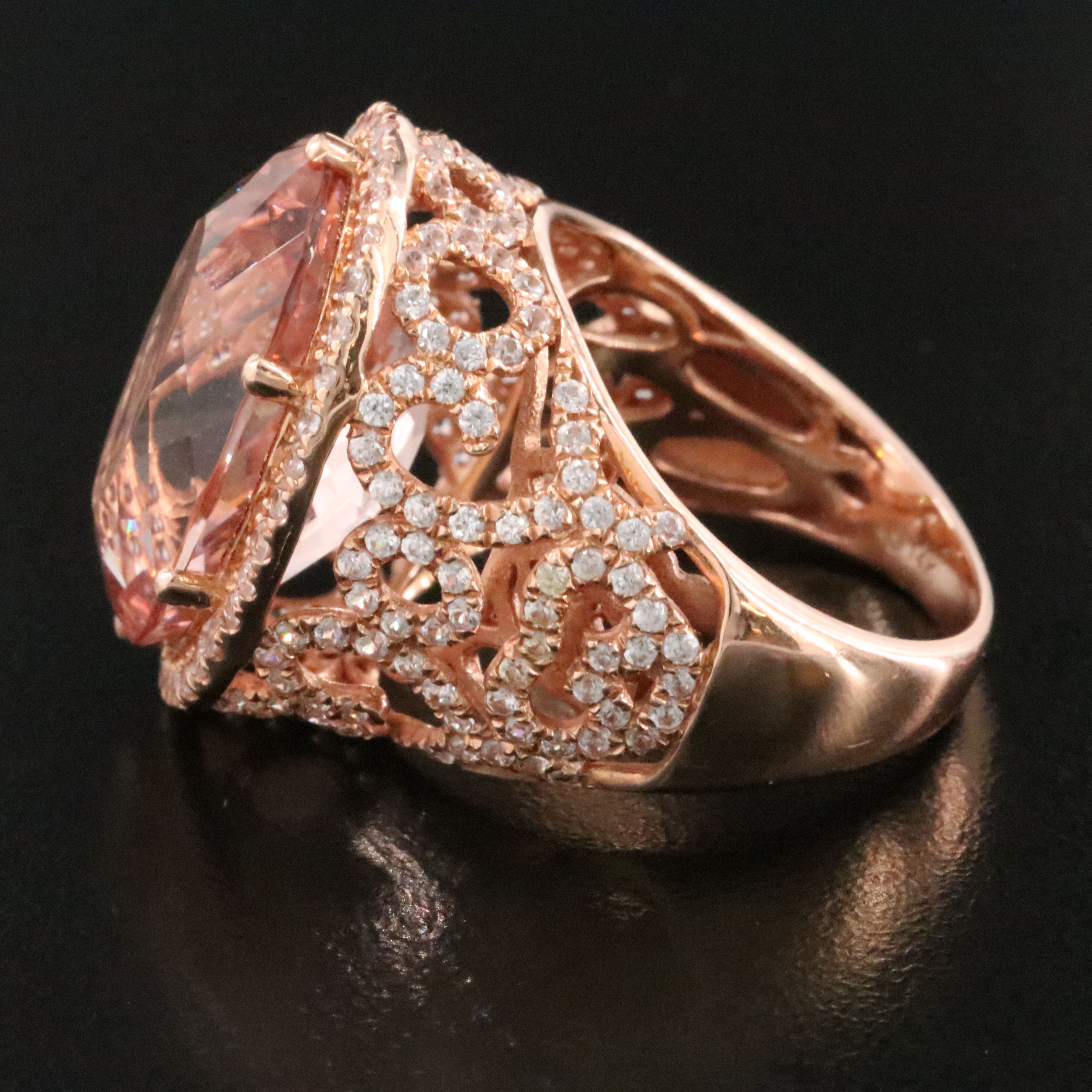 14K Rose Gold 12.84 CT Morganite and White Zircon Ring