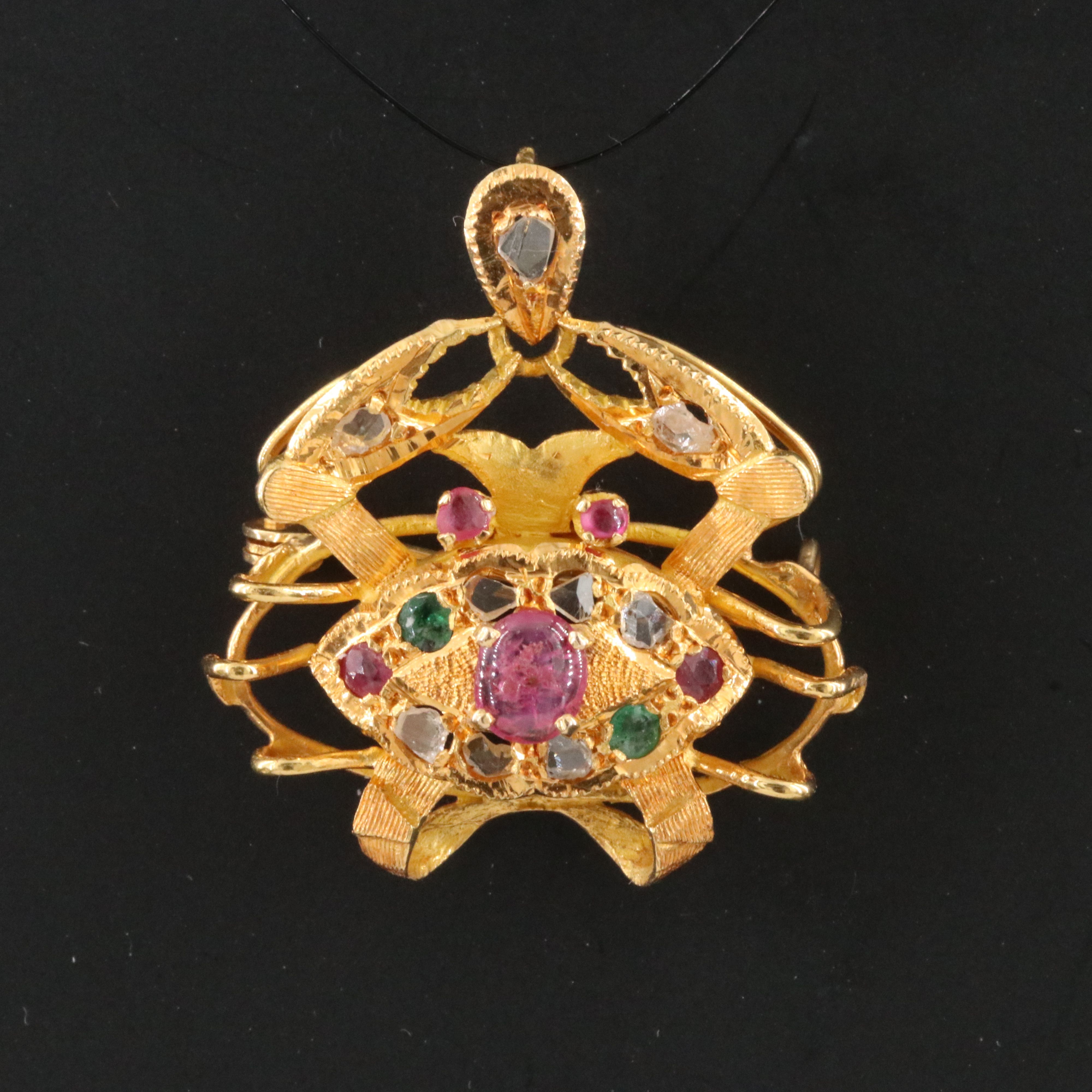 14K Emerald, Ruby and Diamond Crab Converter Brooch