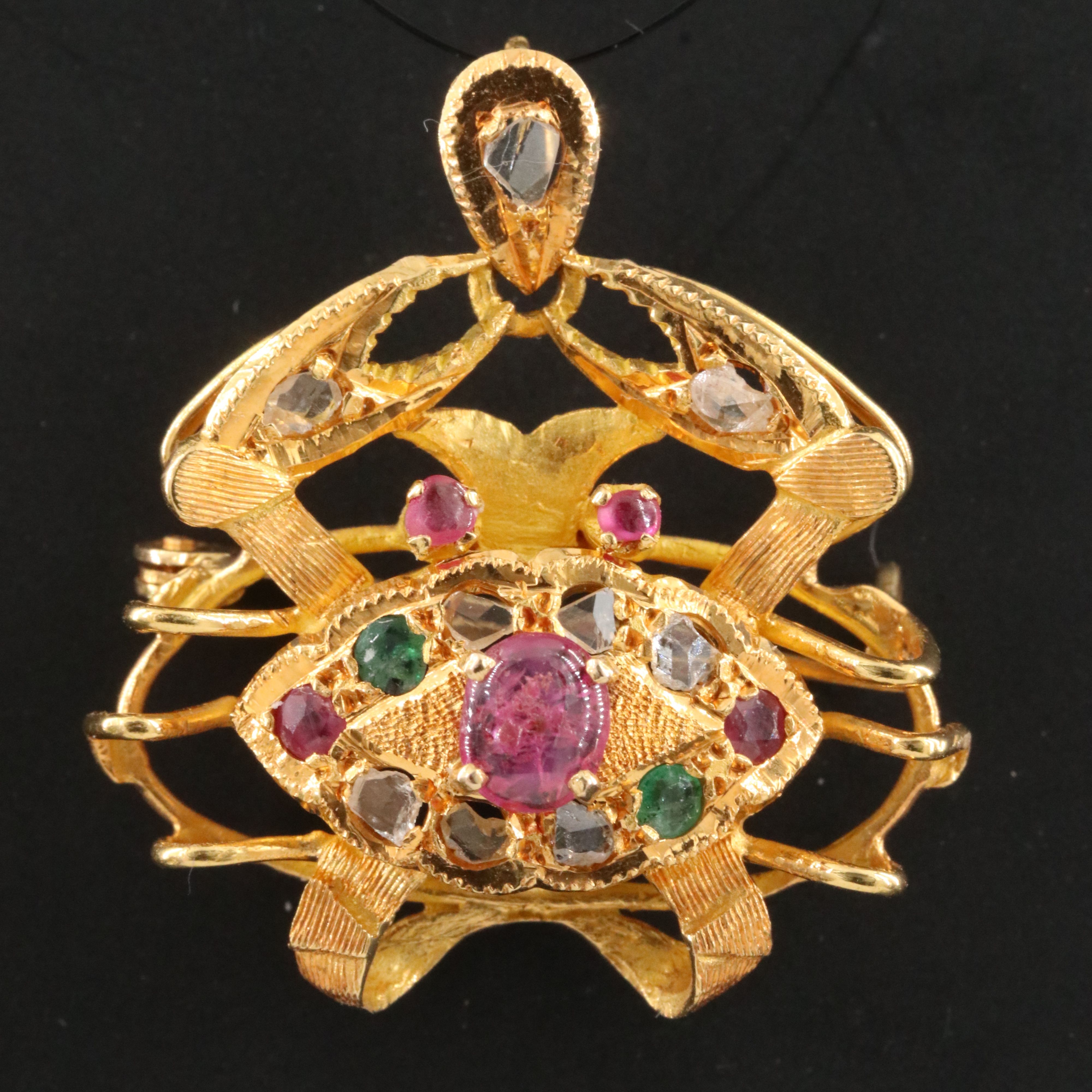 14K Emerald, Ruby and Diamond Crab Converter Brooch