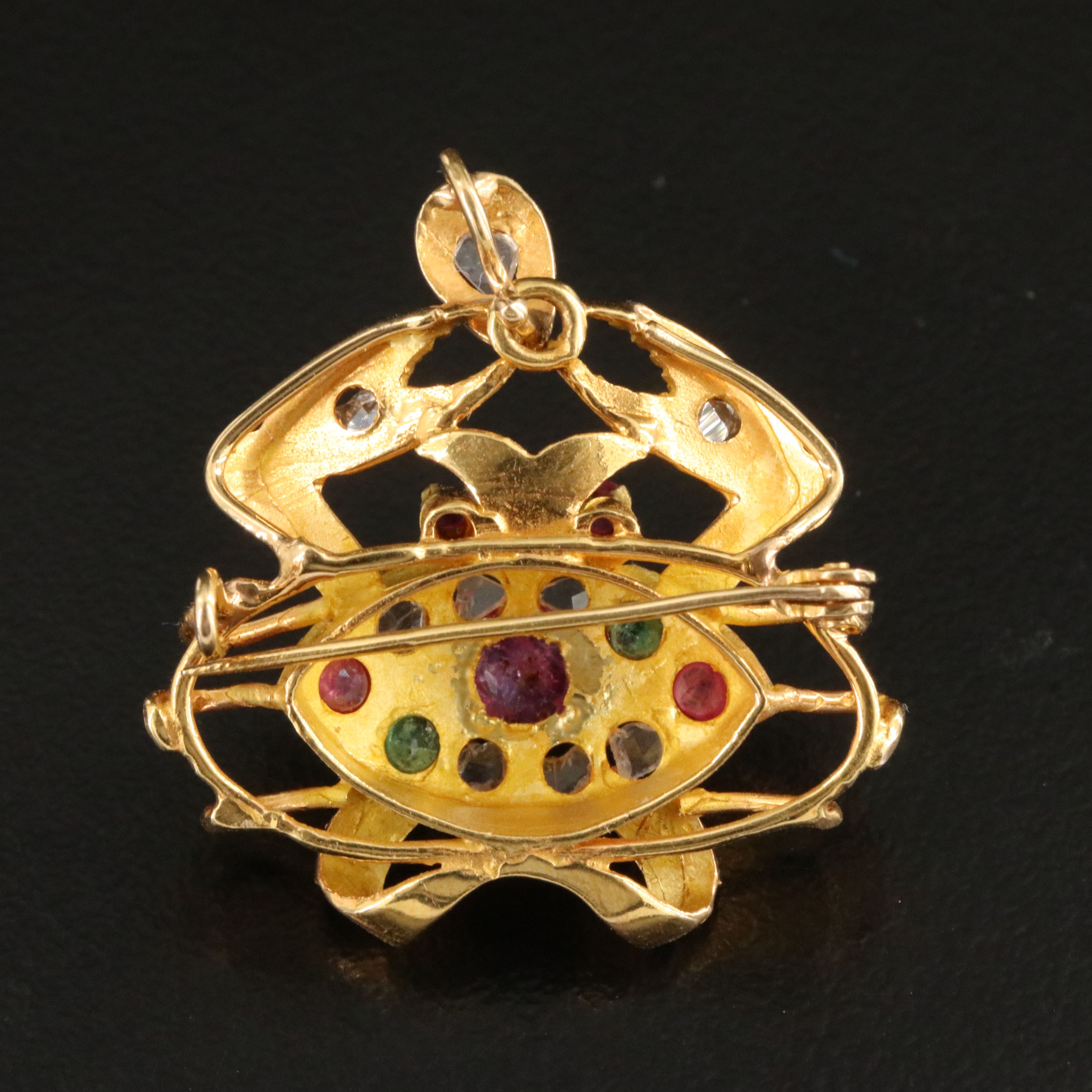 14K Emerald, Ruby and Diamond Crab Converter Brooch