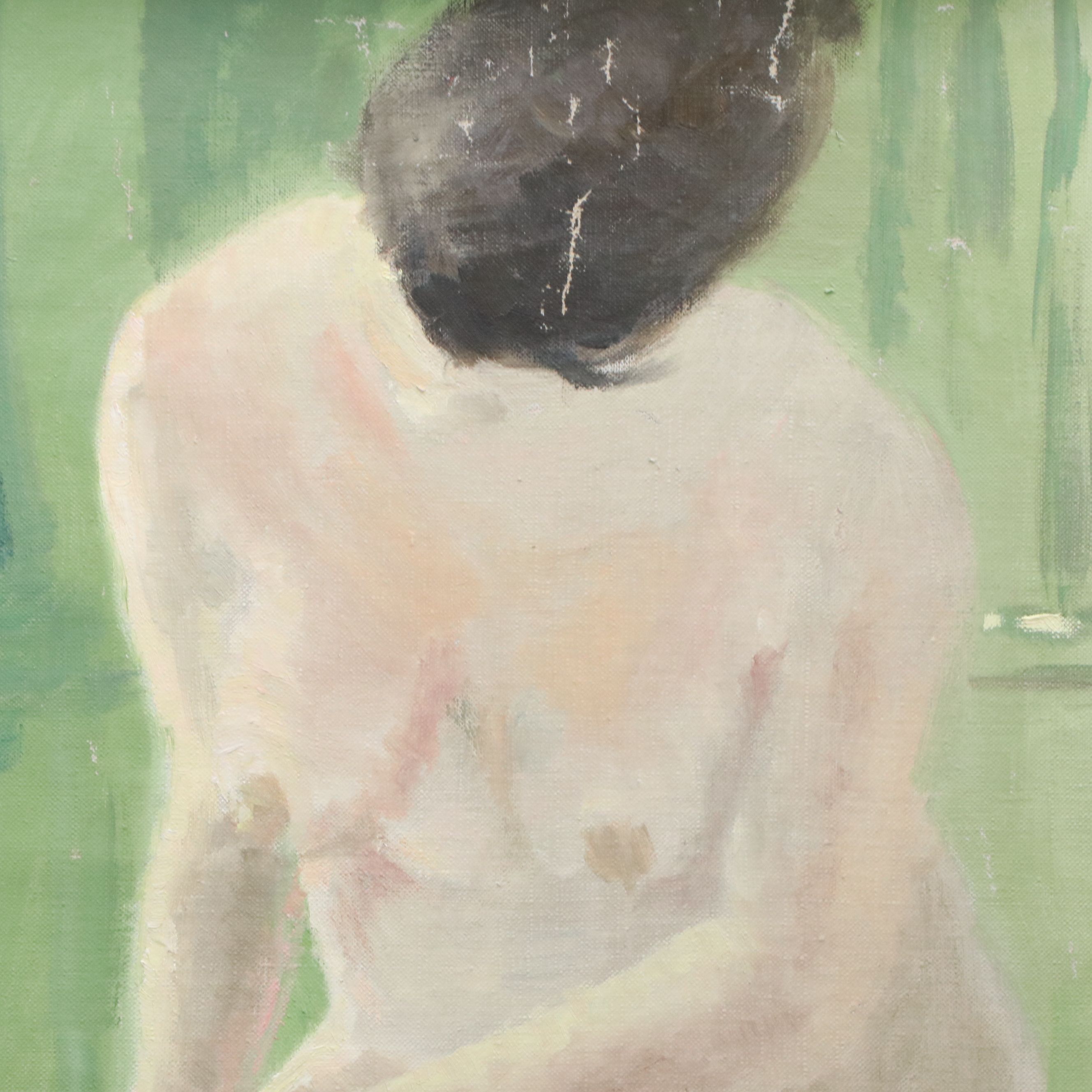 Oil Painting of Nude Woman with Blue Stocking, 20th Century