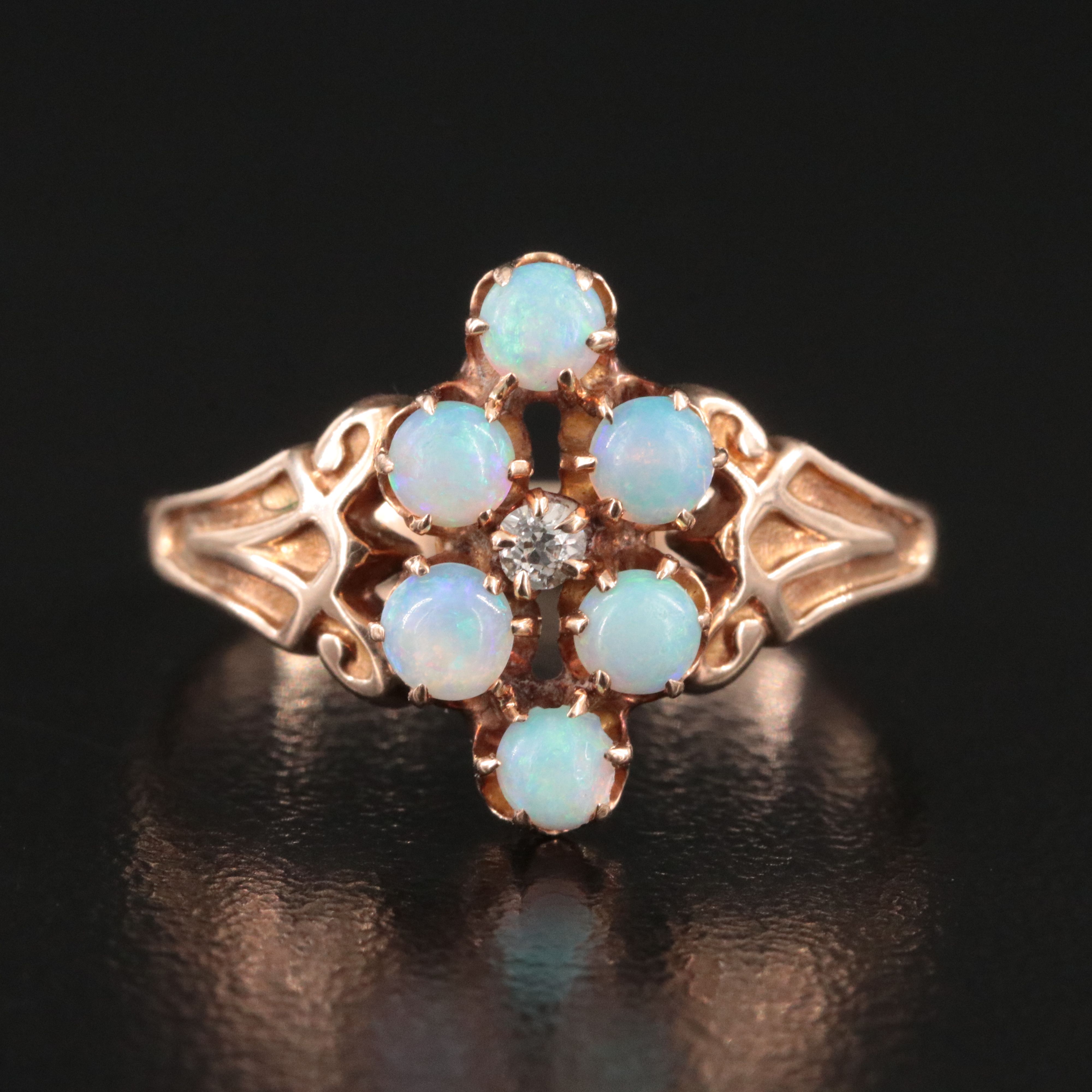 Antique 10K Rose Gold Opal and Diamond Ring