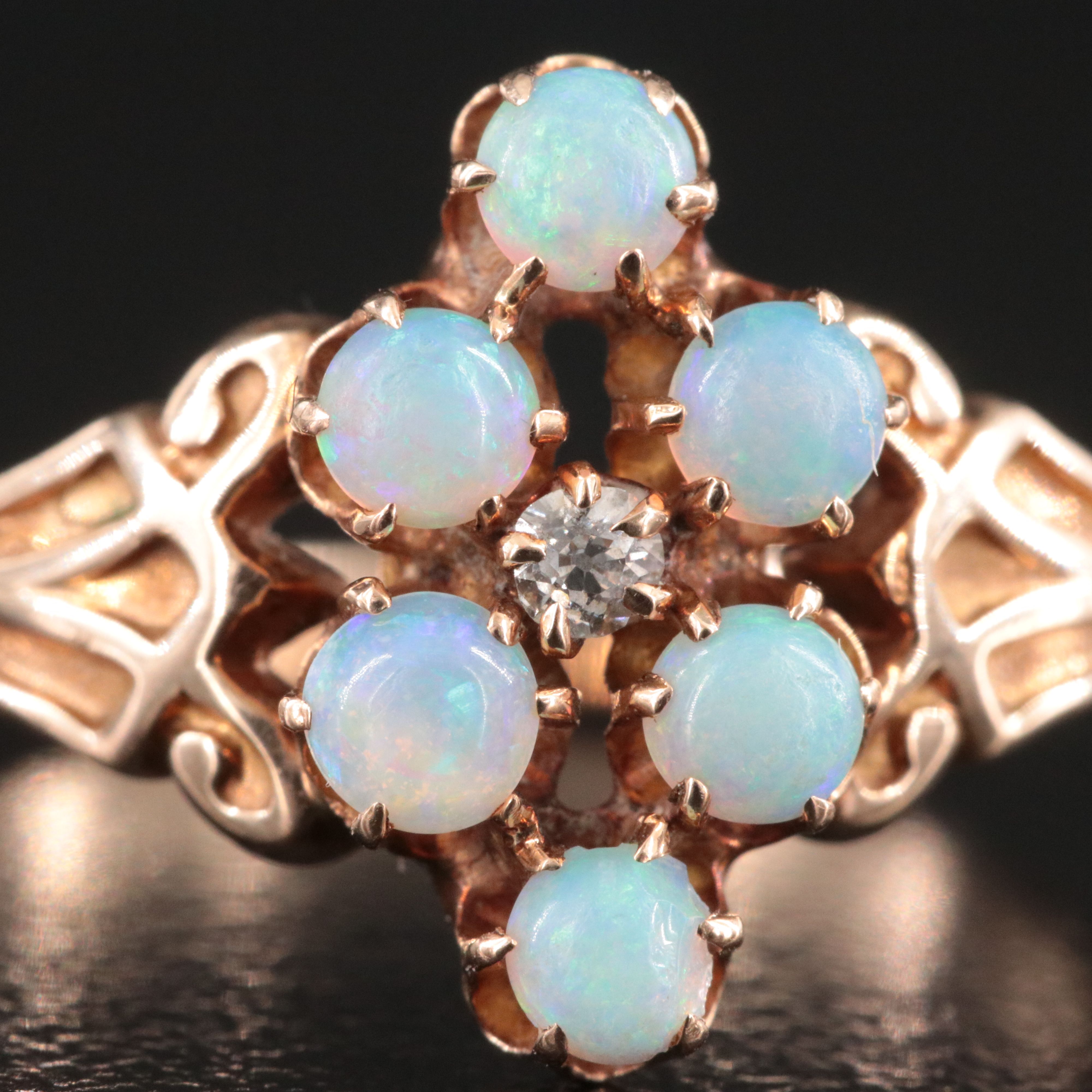 Antique 10K Rose Gold Opal and Diamond Ring