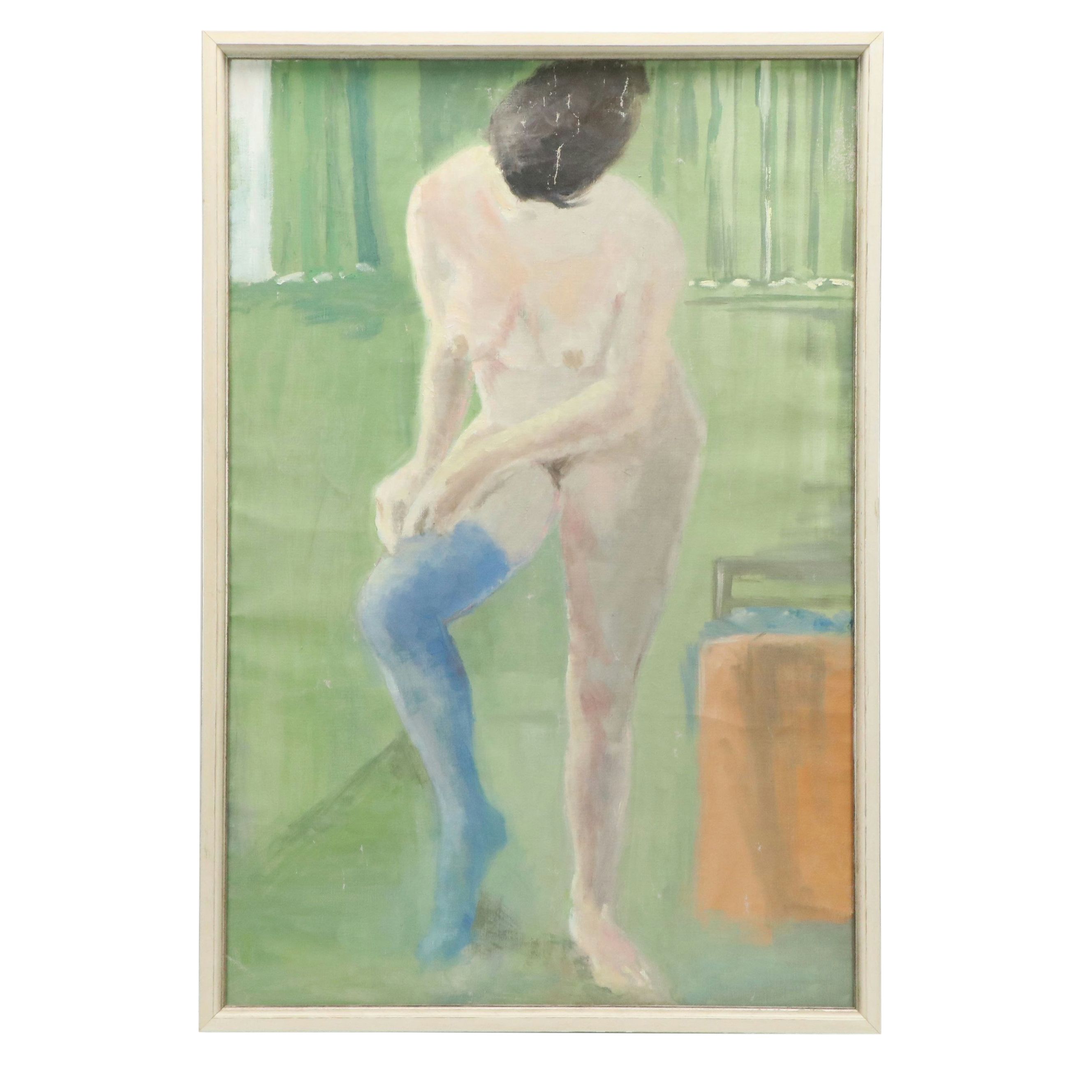 Oil Painting of Nude Woman with Blue Stocking, 20th Century