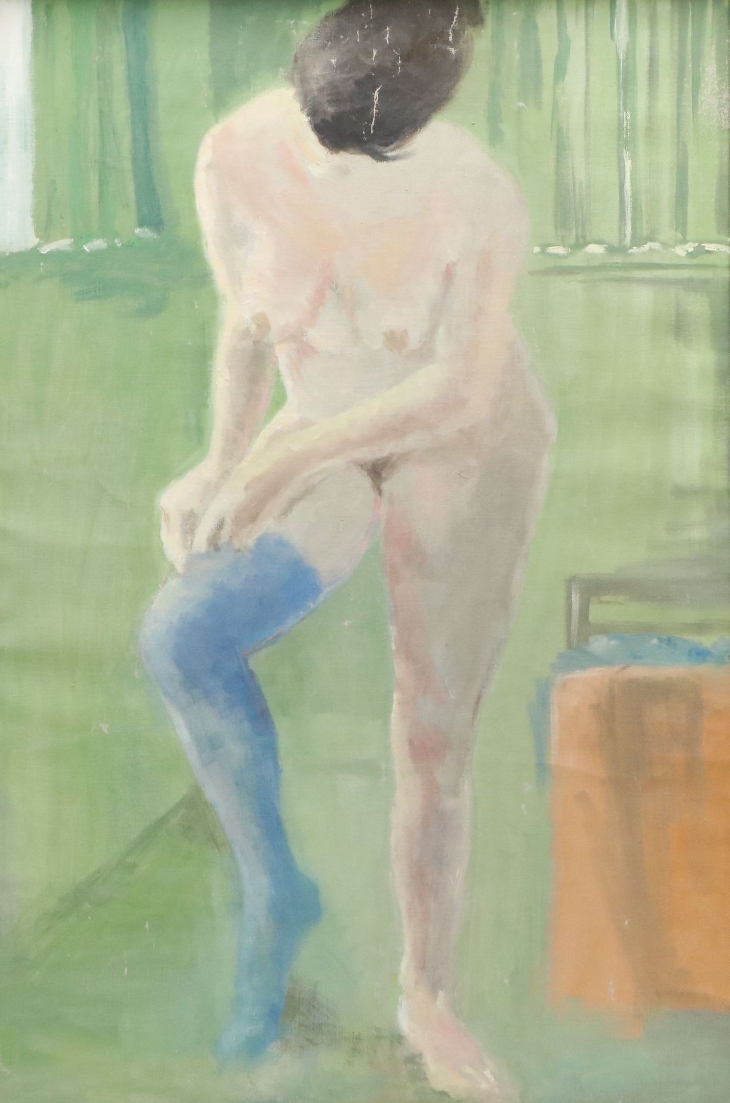 Oil Painting of Nude Woman with Blue Stocking, 20th Century