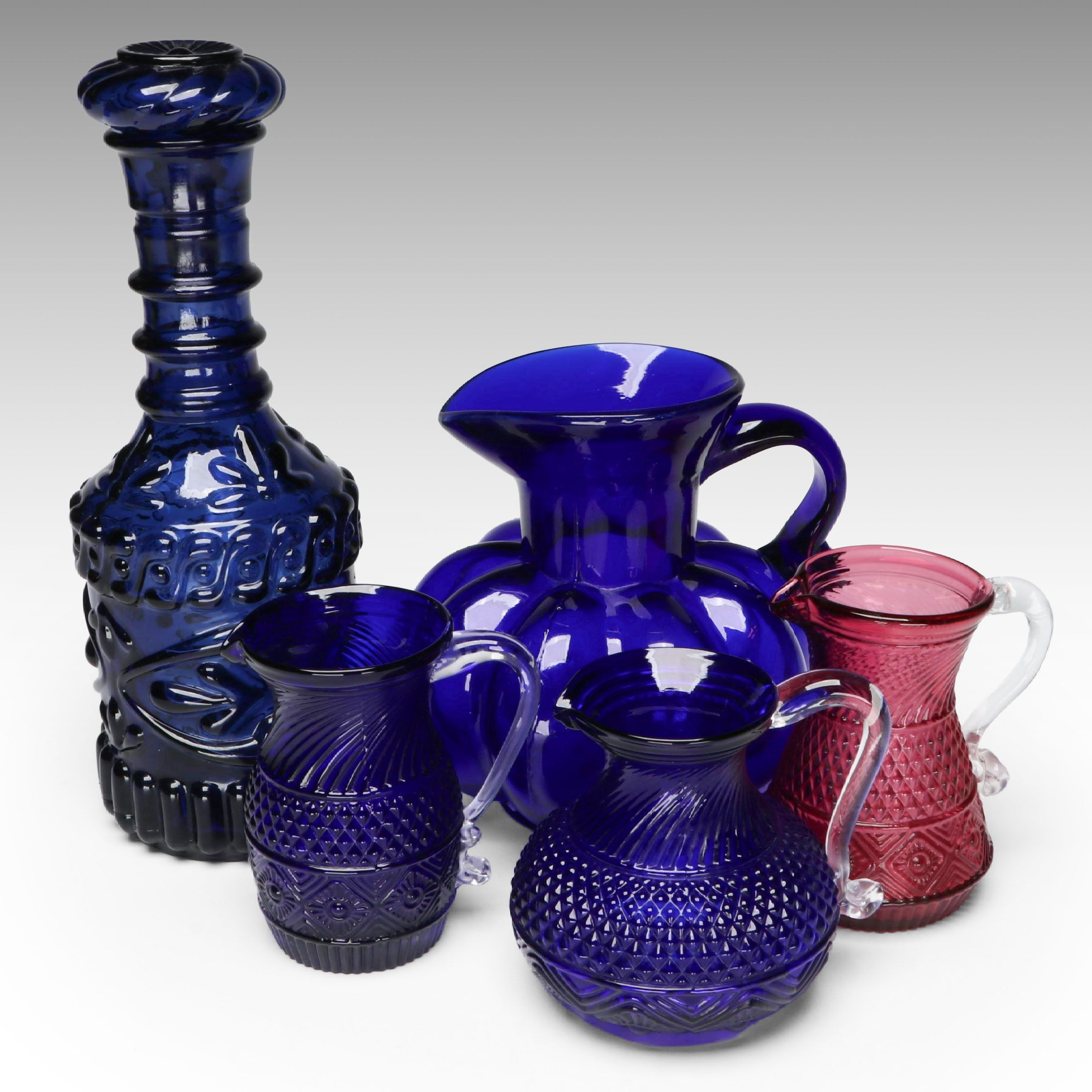 Pilgrim Glass "Bennington" Cobalt and Cranberry Pitchers with More Art Glassware