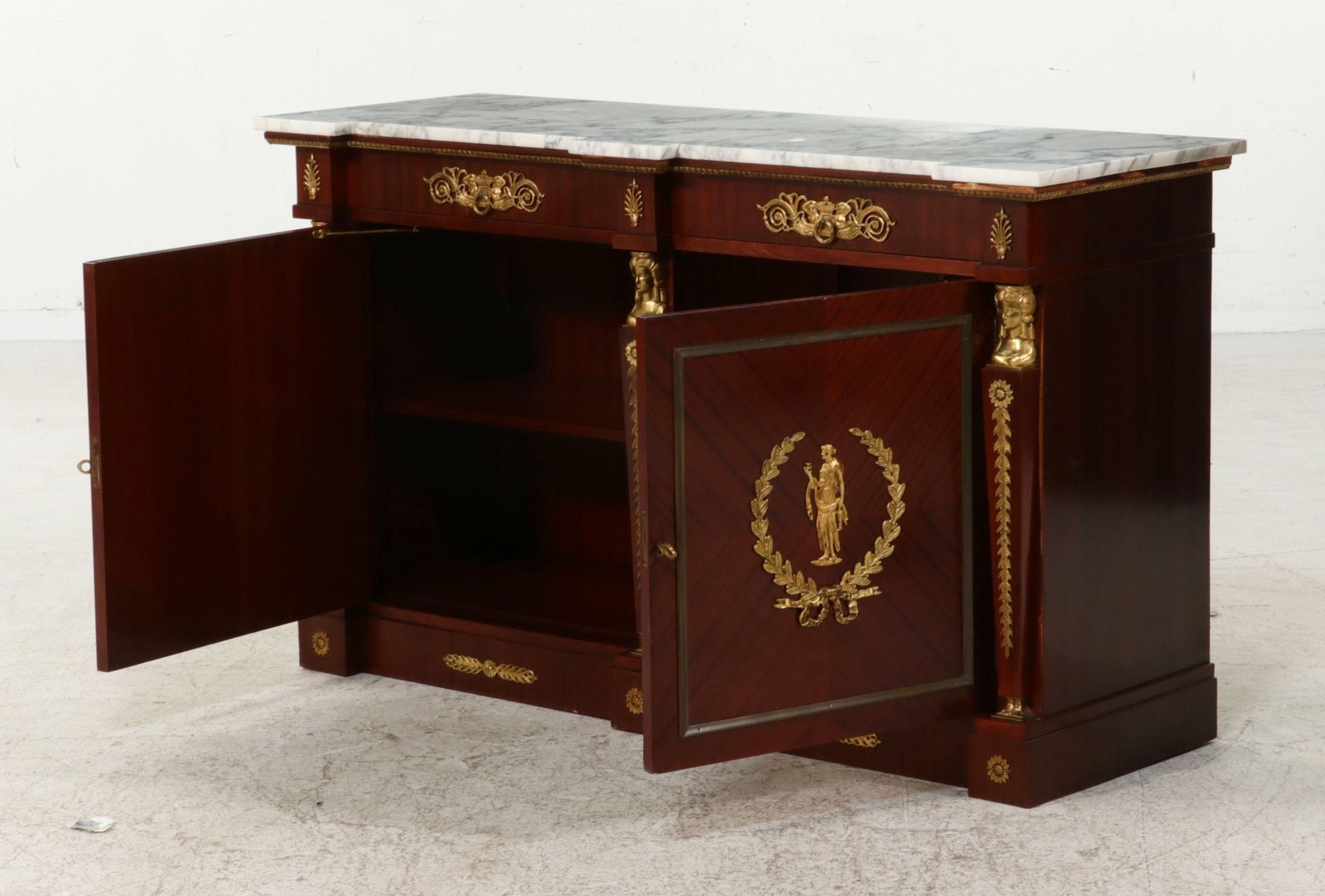 Empire Style Ormolu Mounted Mahogany Sideboard with Marble Top
