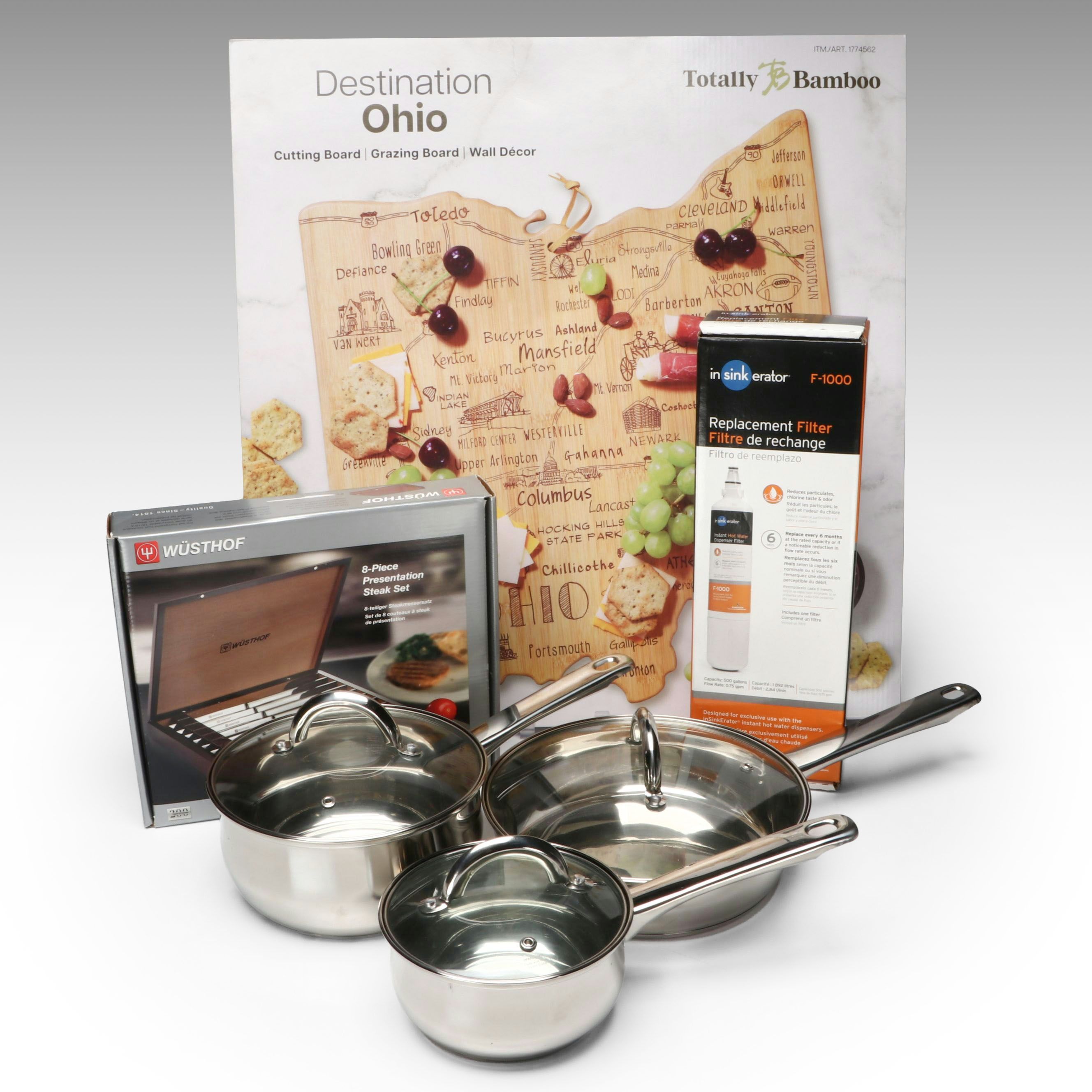 Totally Bamboo Ohio Cutting Board, Wüsthof Cutlery with Pots and More
