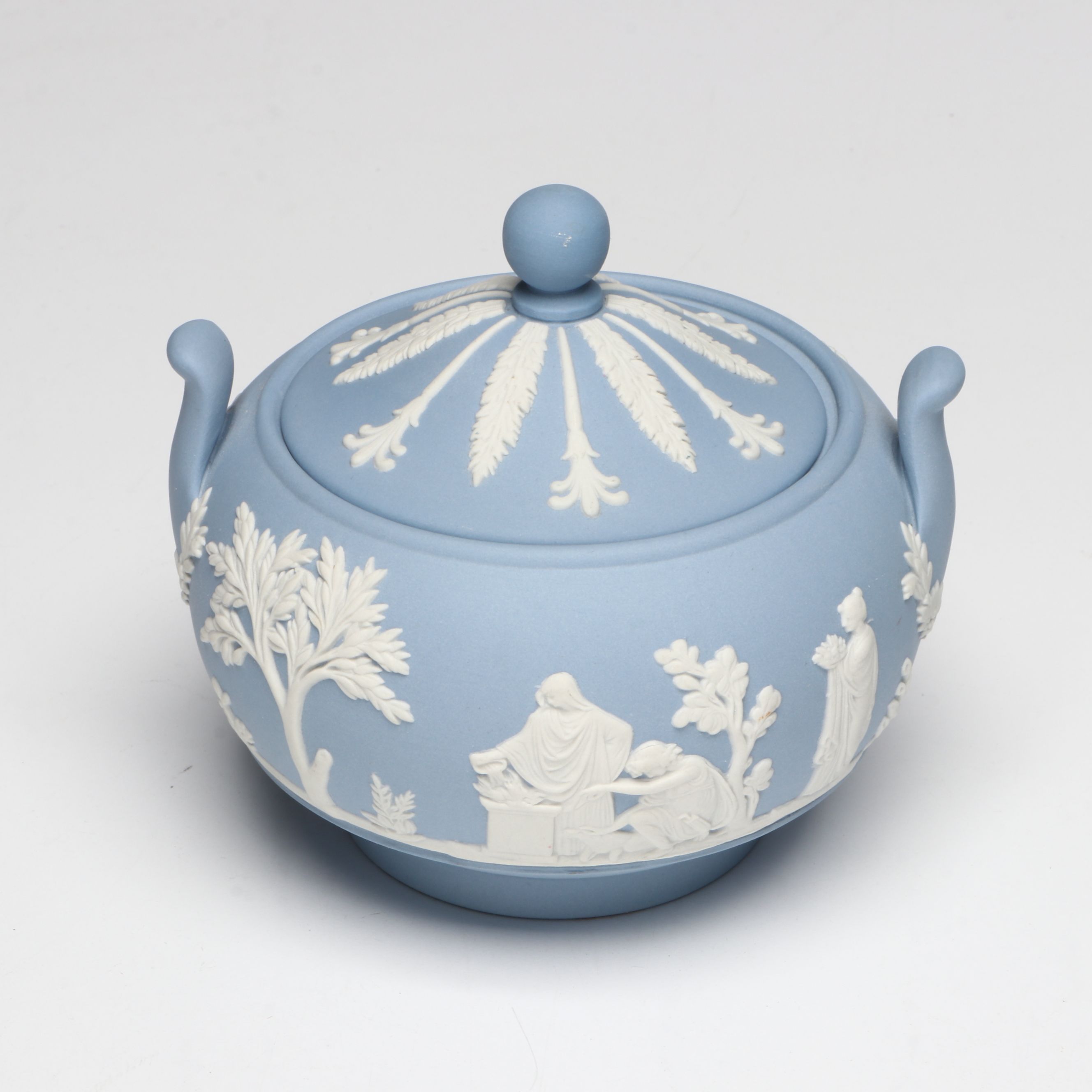 Wedgwood Blue Jasperware Decorative Plate with Vases, Creamer and Sugar