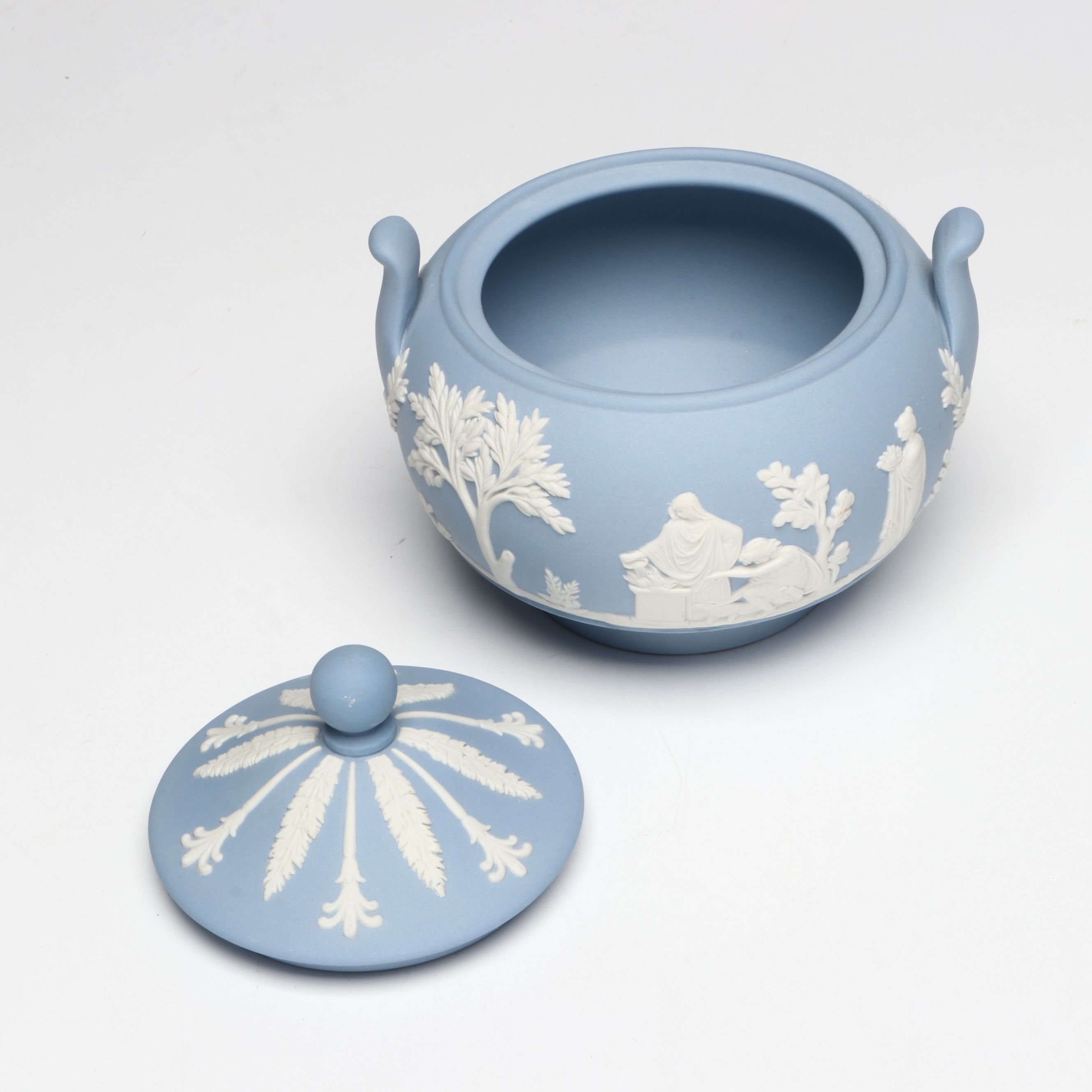 Wedgwood Blue Jasperware Decorative Plate with Vases, Creamer and Sugar