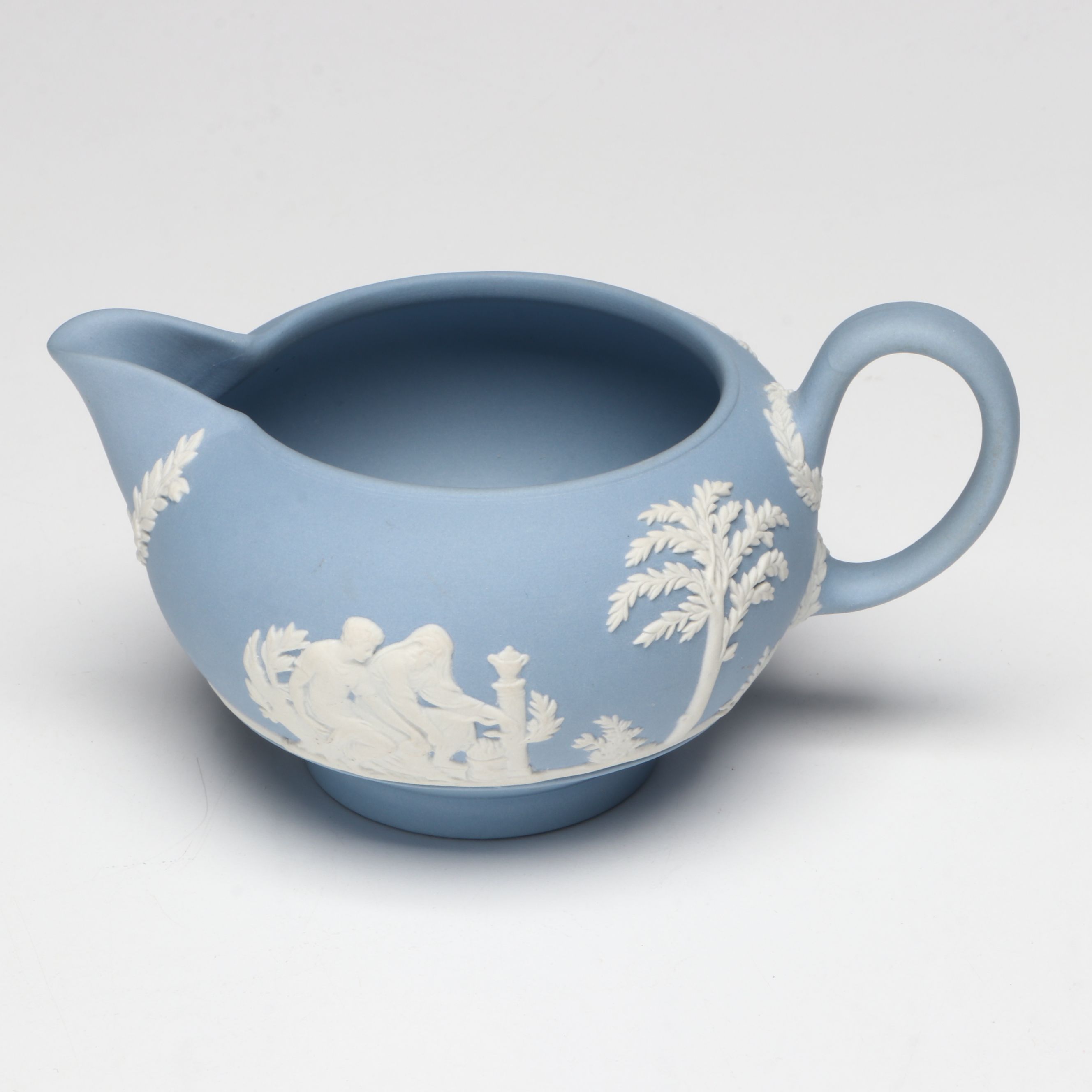 Wedgwood Blue Jasperware Decorative Plate with Vases, Creamer and Sugar