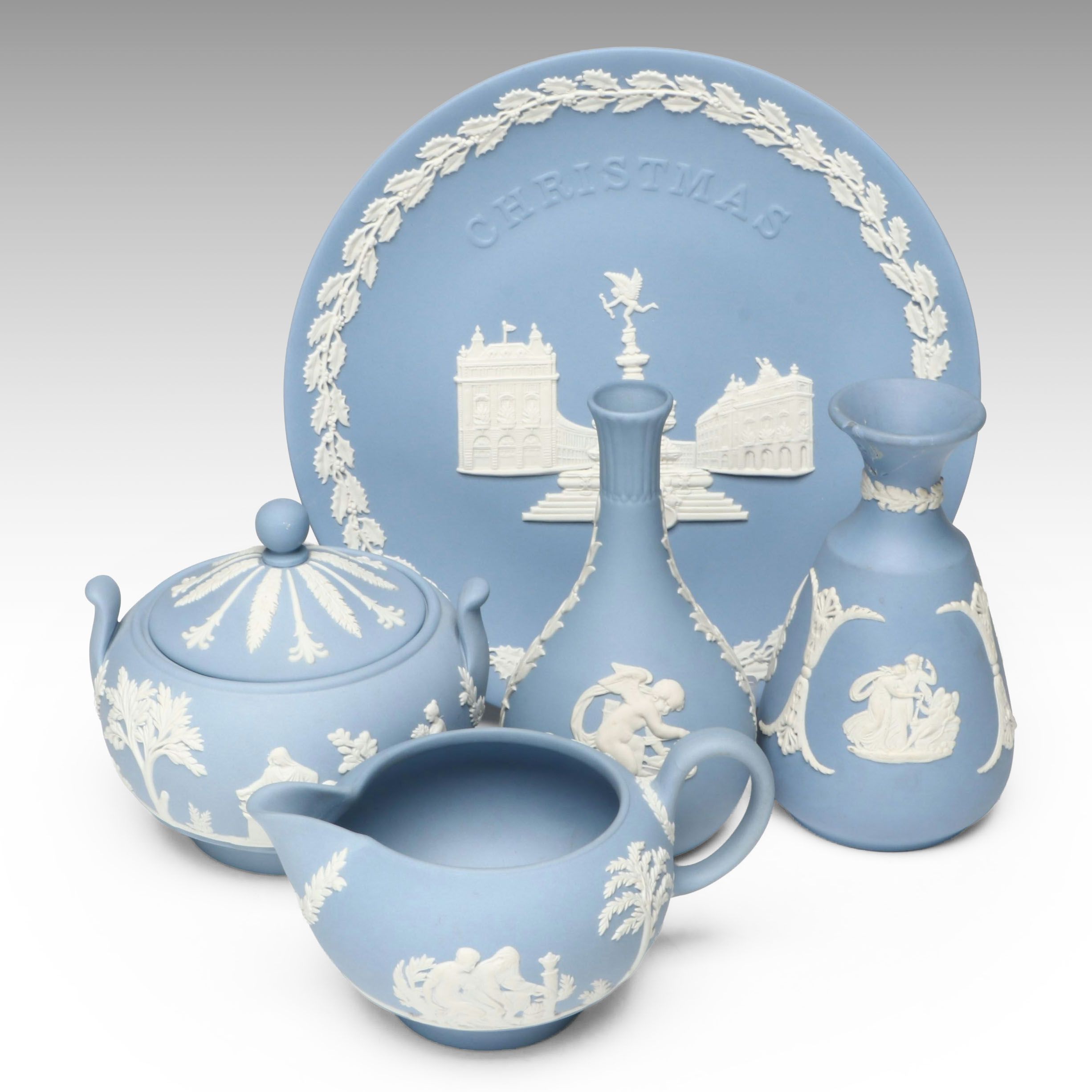 Wedgwood Blue Jasperware Decorative Plate with Vases, Creamer and Sugar