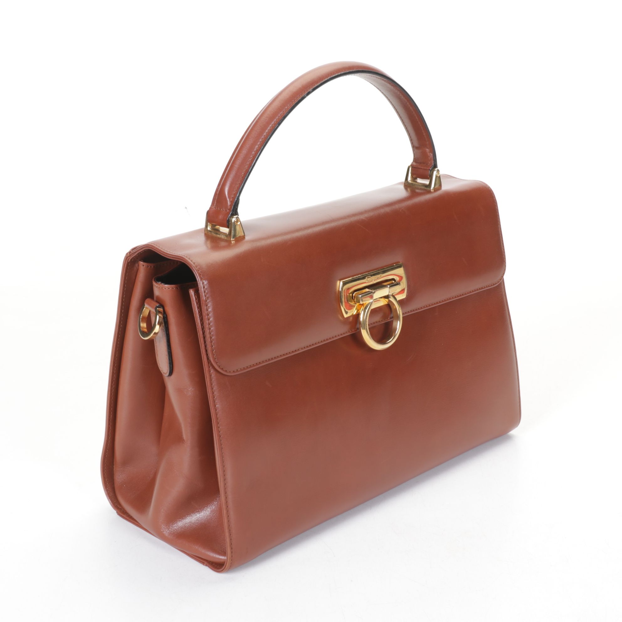 Salvatore Ferragamo Gancini Top-Handle Handbag in Brown Leather