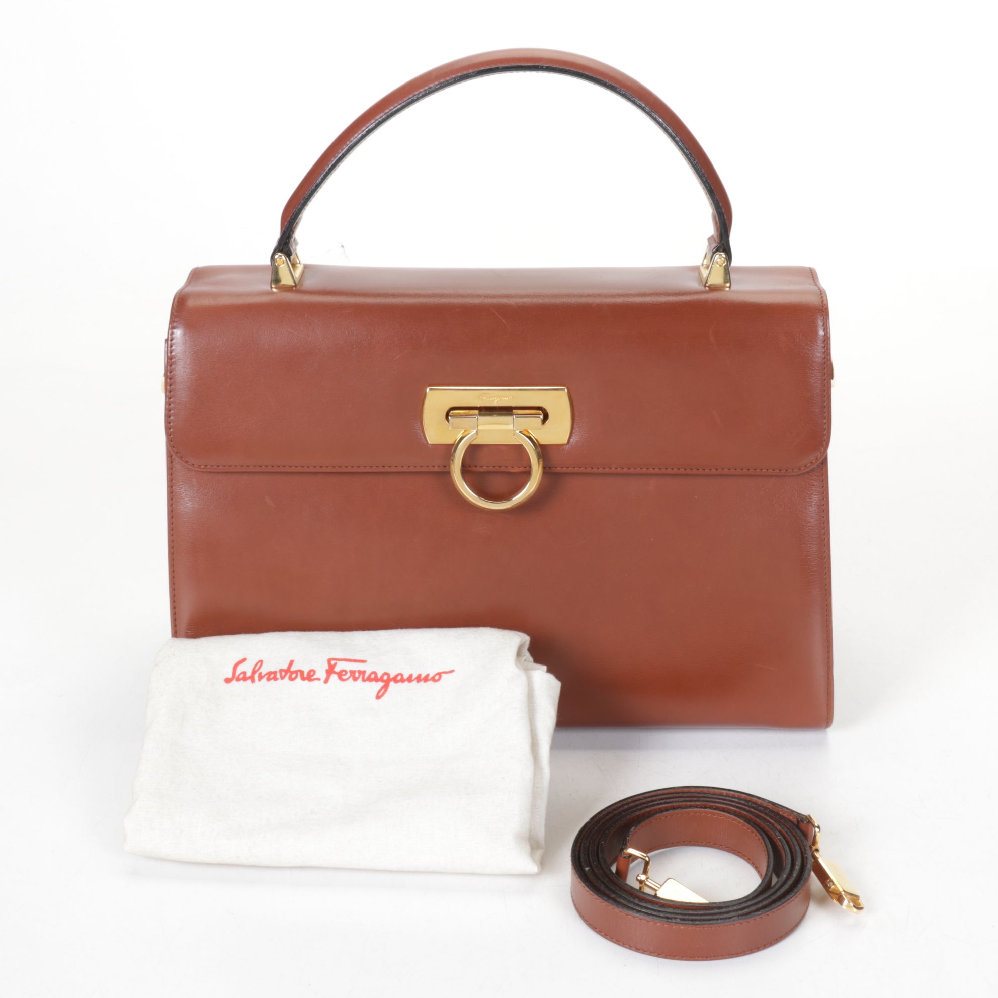 Salvatore Ferragamo Gancini Top-Handle Handbag in Brown Leather