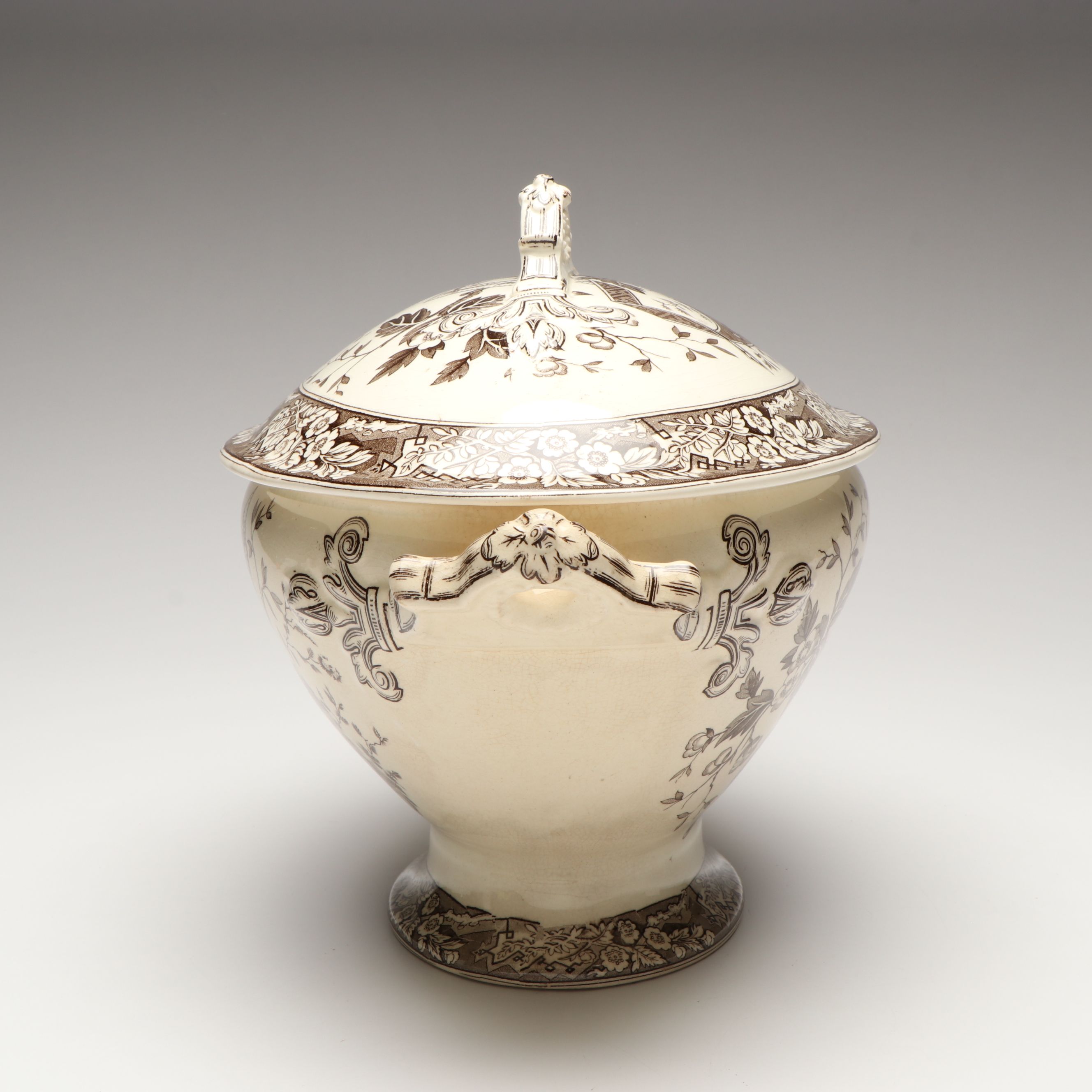 Wedgwood  & Co. "Beatrice" Brown Transferware Lidded Tureen with Other Ladle