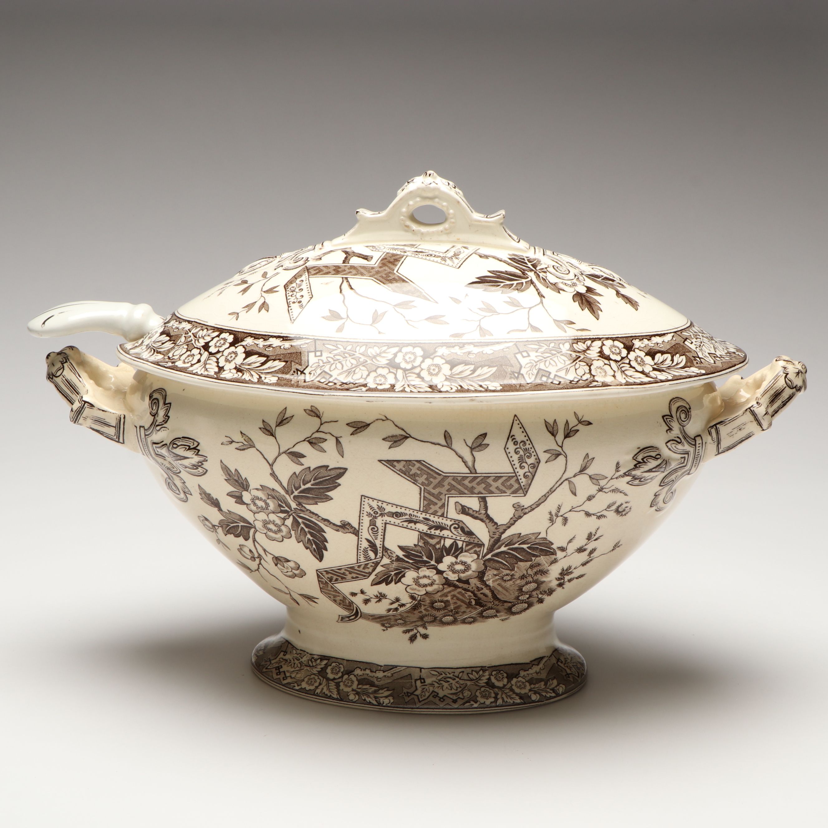 Wedgwood  & Co. "Beatrice" Brown Transferware Lidded Tureen with Other Ladle