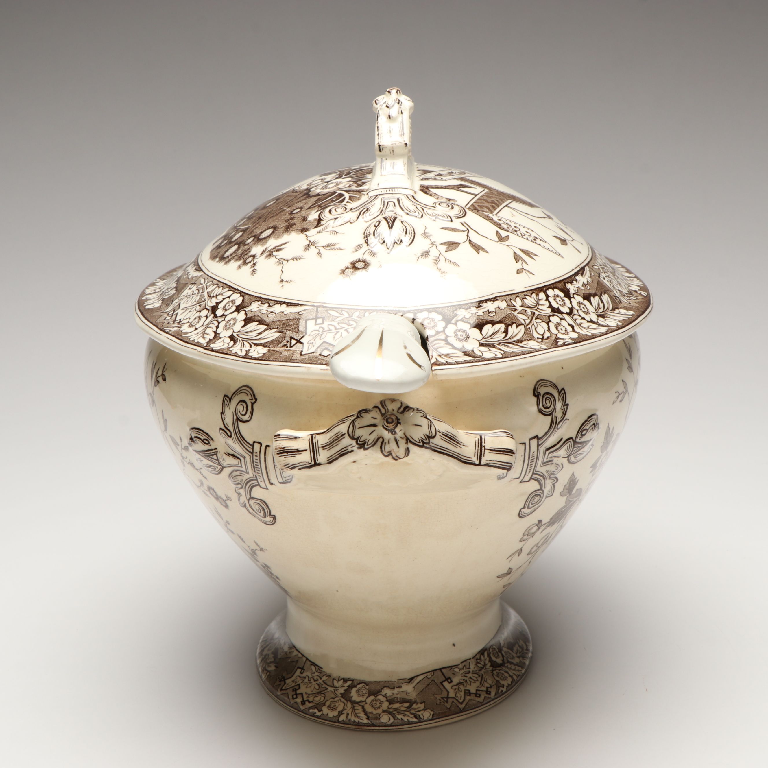 Wedgwood  & Co. "Beatrice" Brown Transferware Lidded Tureen with Other Ladle