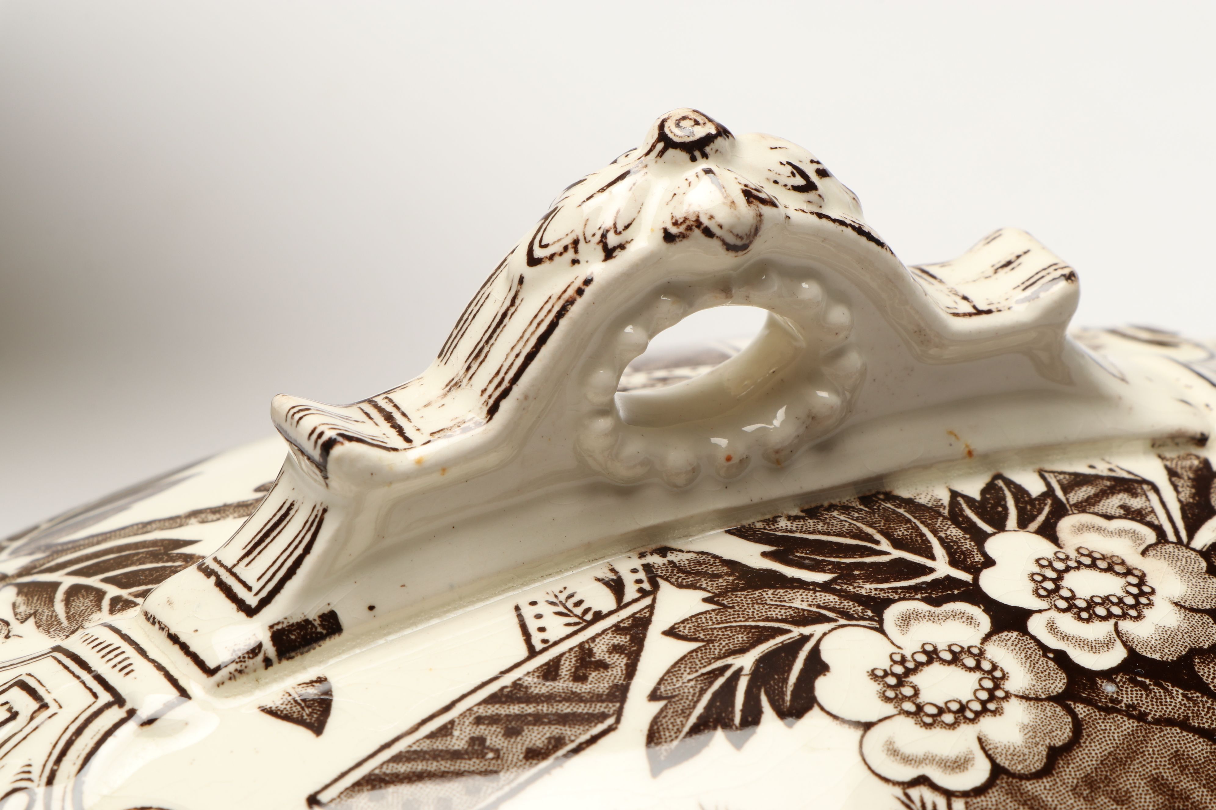 Wedgwood  & Co. "Beatrice" Brown Transferware Lidded Tureen with Other Ladle