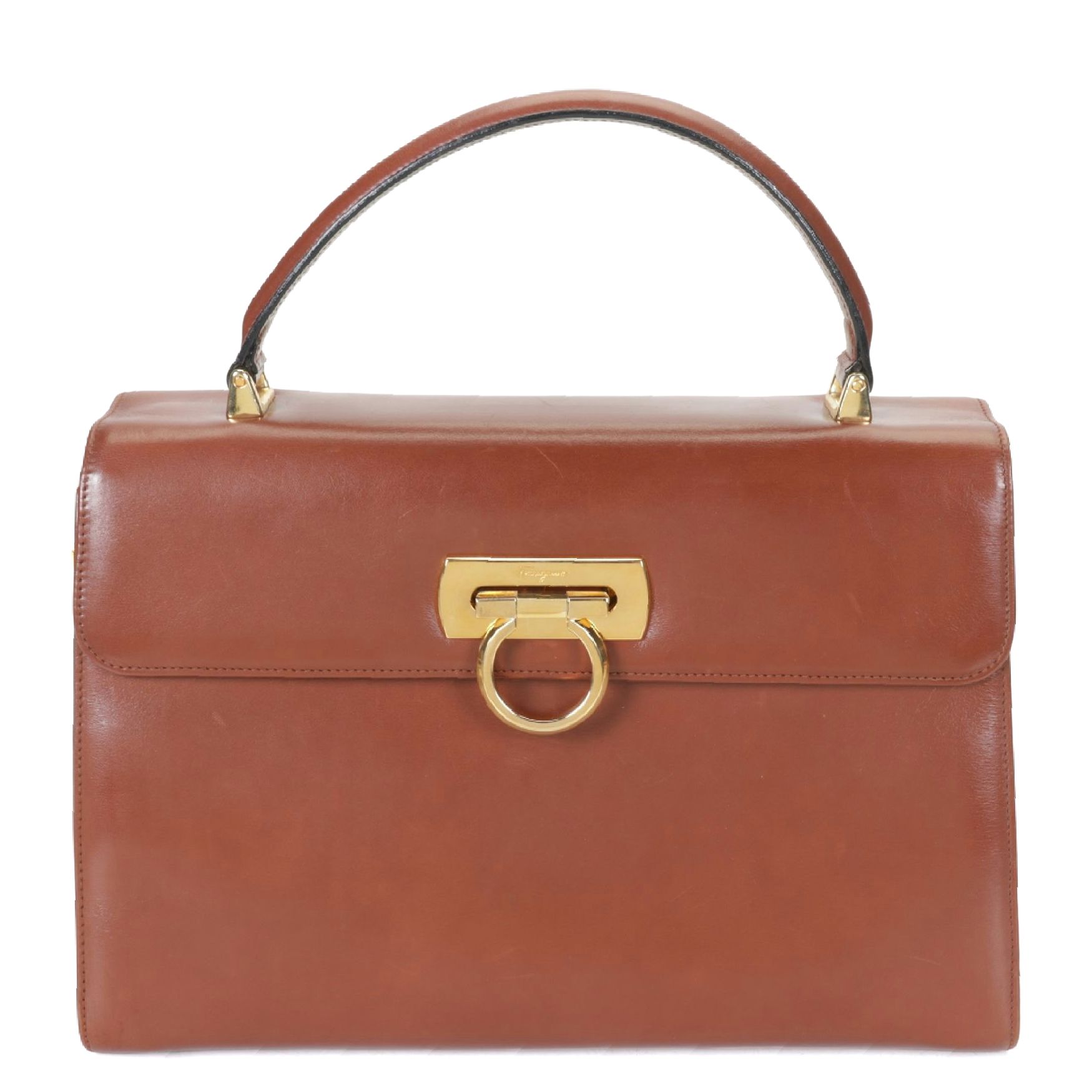 Salvatore Ferragamo Gancini Top-Handle Handbag in Brown Leather