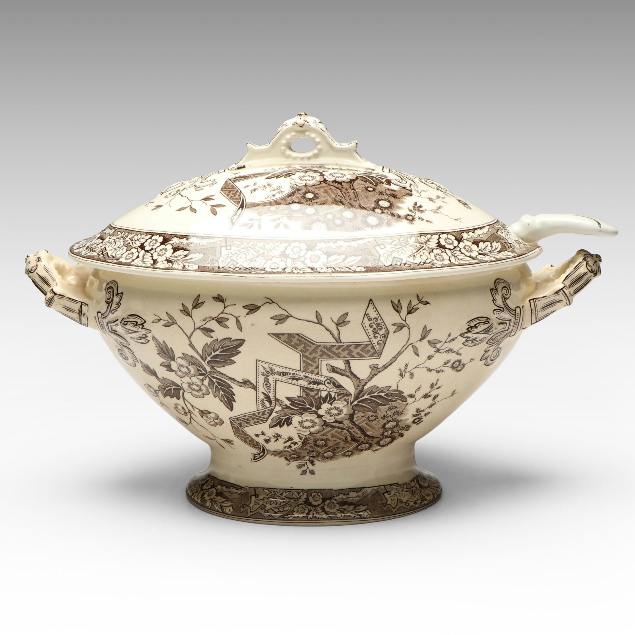 Wedgwood  & Co. "Beatrice" Brown Transferware Lidded Tureen with Other Ladle
