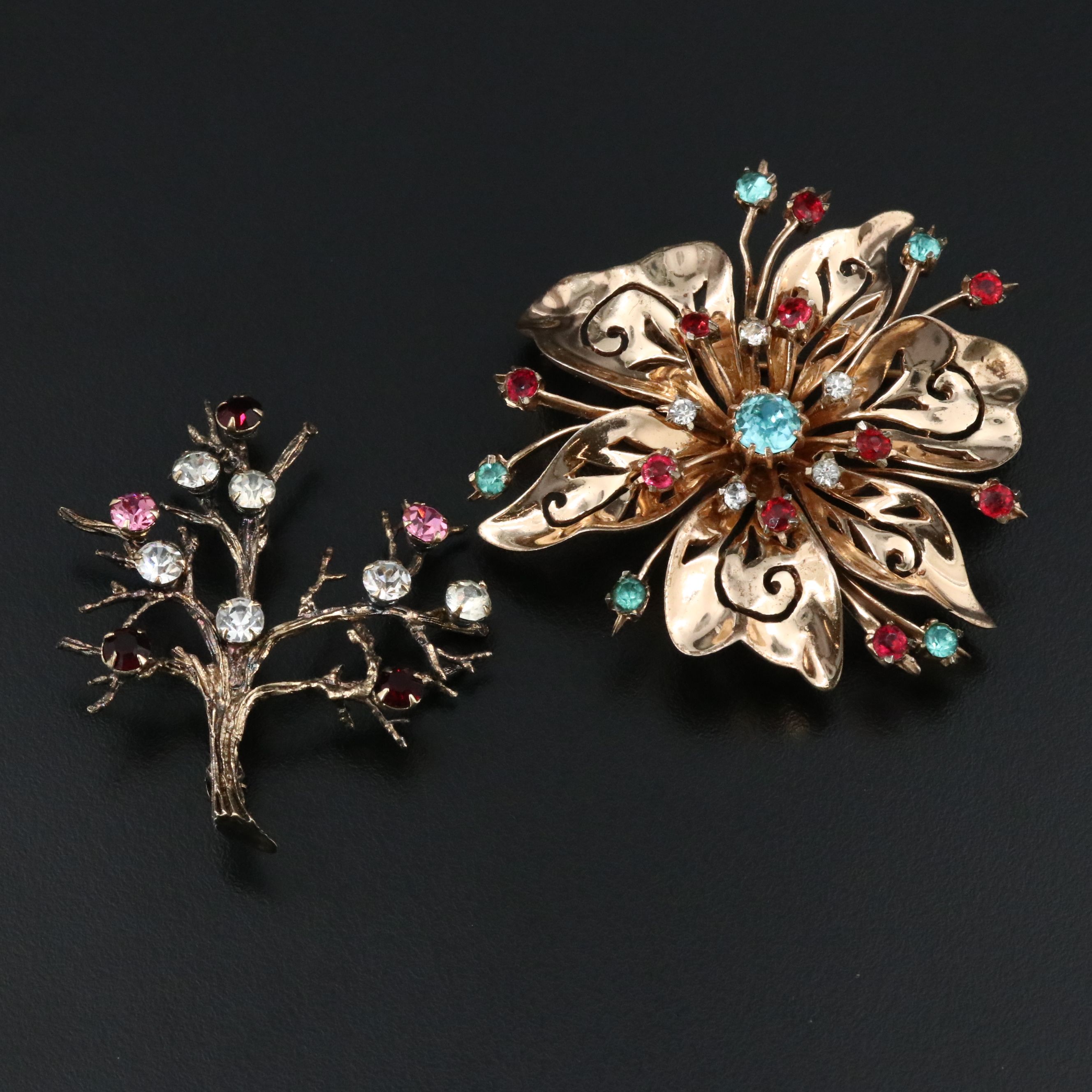 Coro Craft Sterling Rhinestone Flower and Tree of Life Brooch