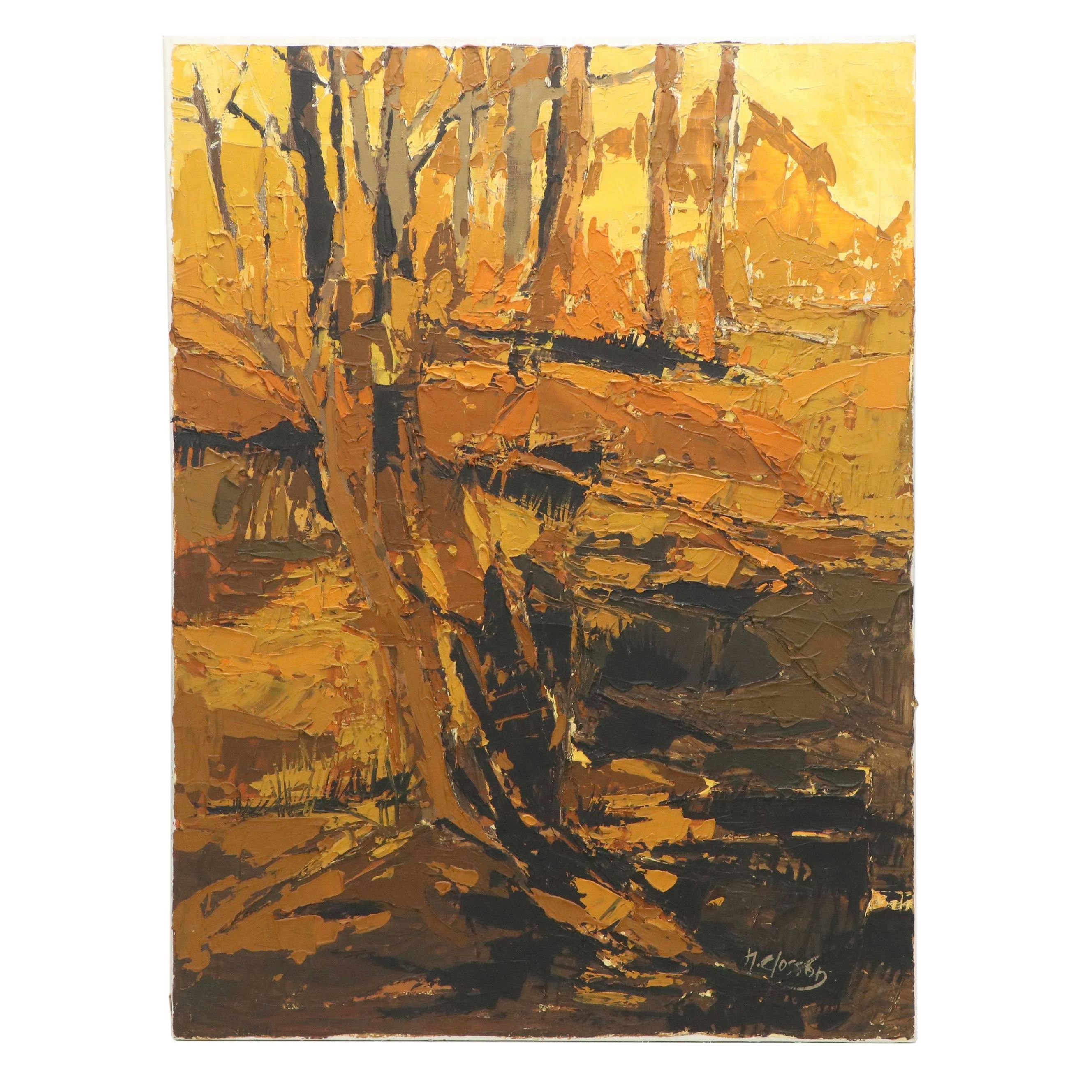 Nanci Blair Closson Abstracted Impasto Oil Painting of Forest, Late 20th Century