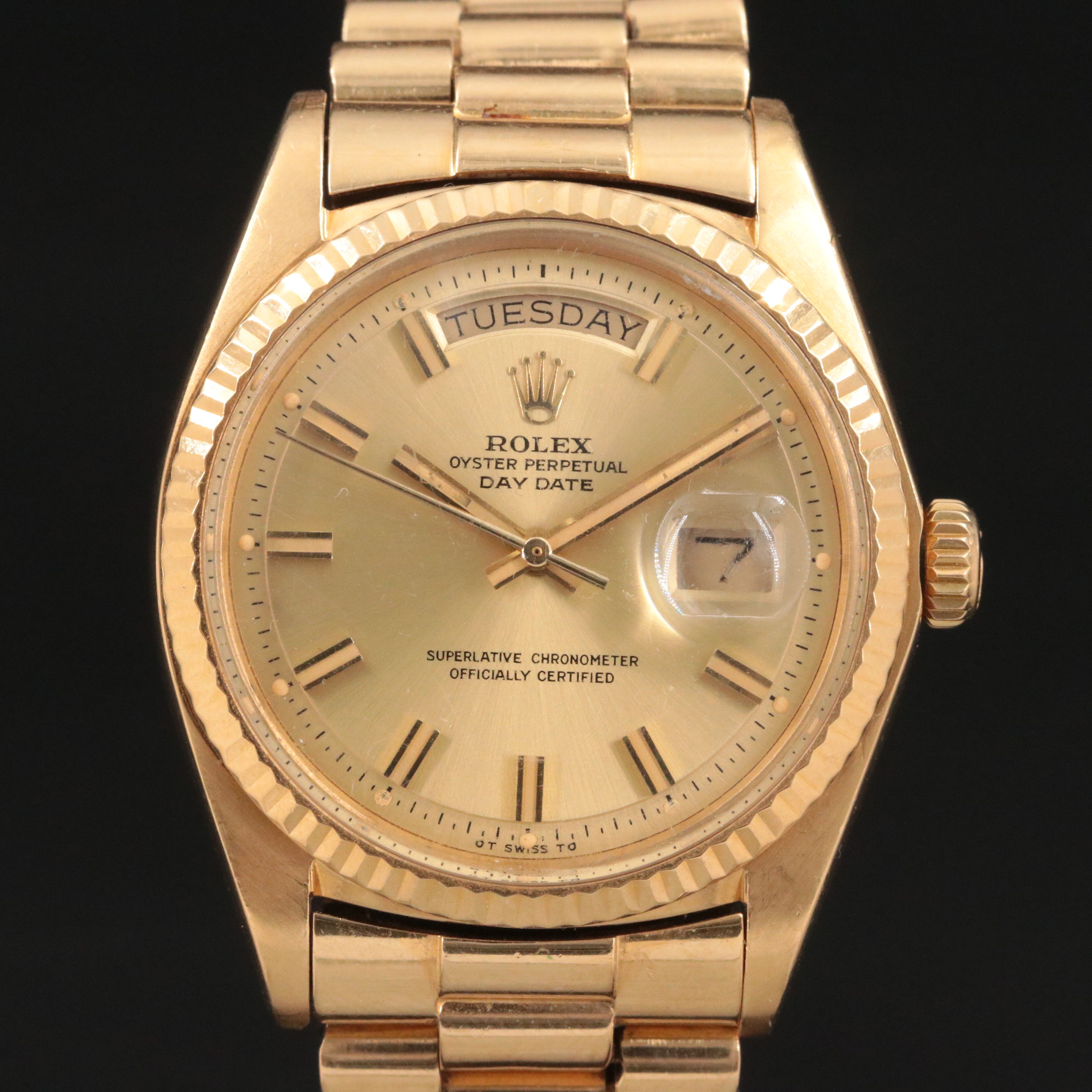 1972 Rolex 18K Day - Date President Champagne Pie Pan Sigma Dial 1803 Watch