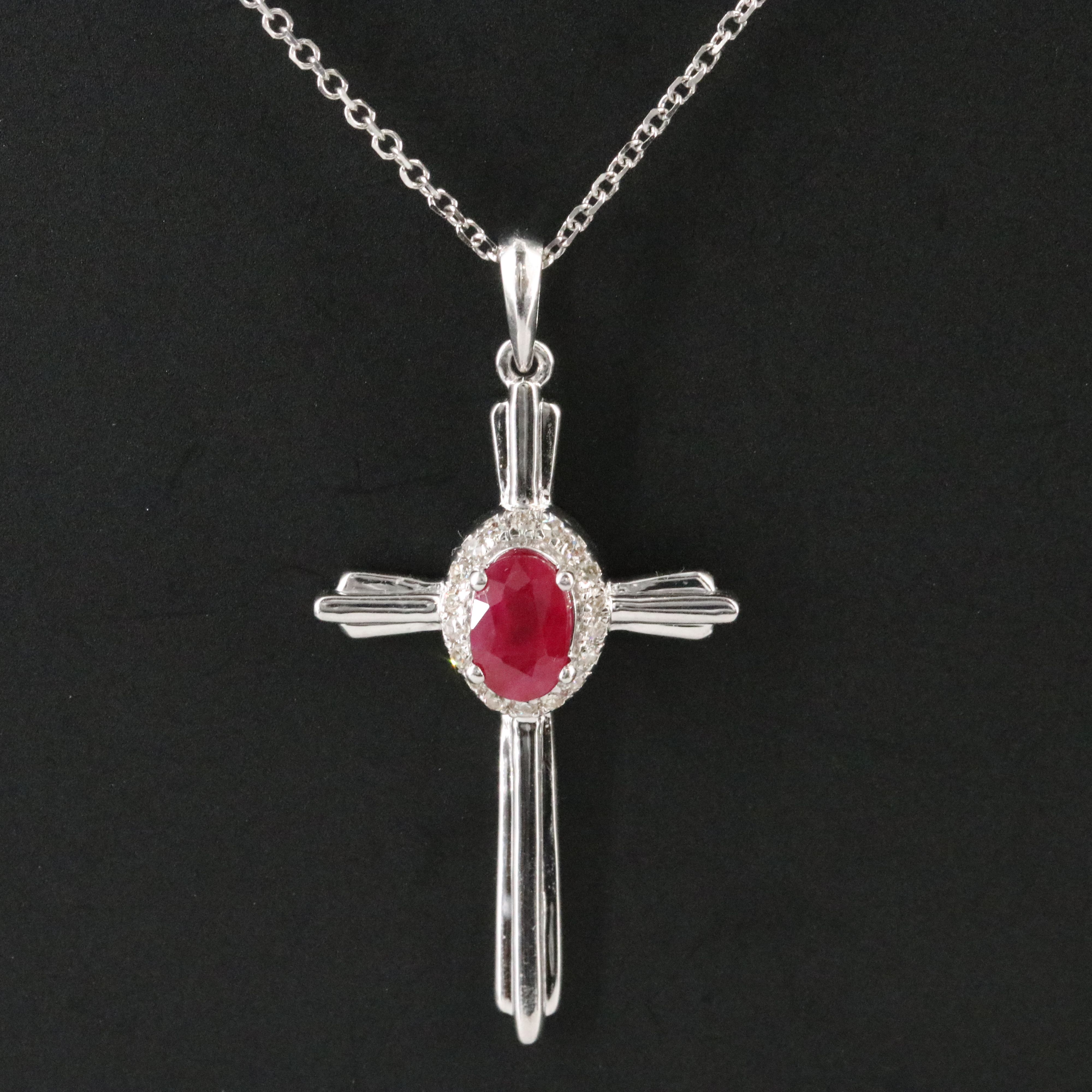 10K Ruby and Diamond Cross Pendant on 18K Chain Necklace