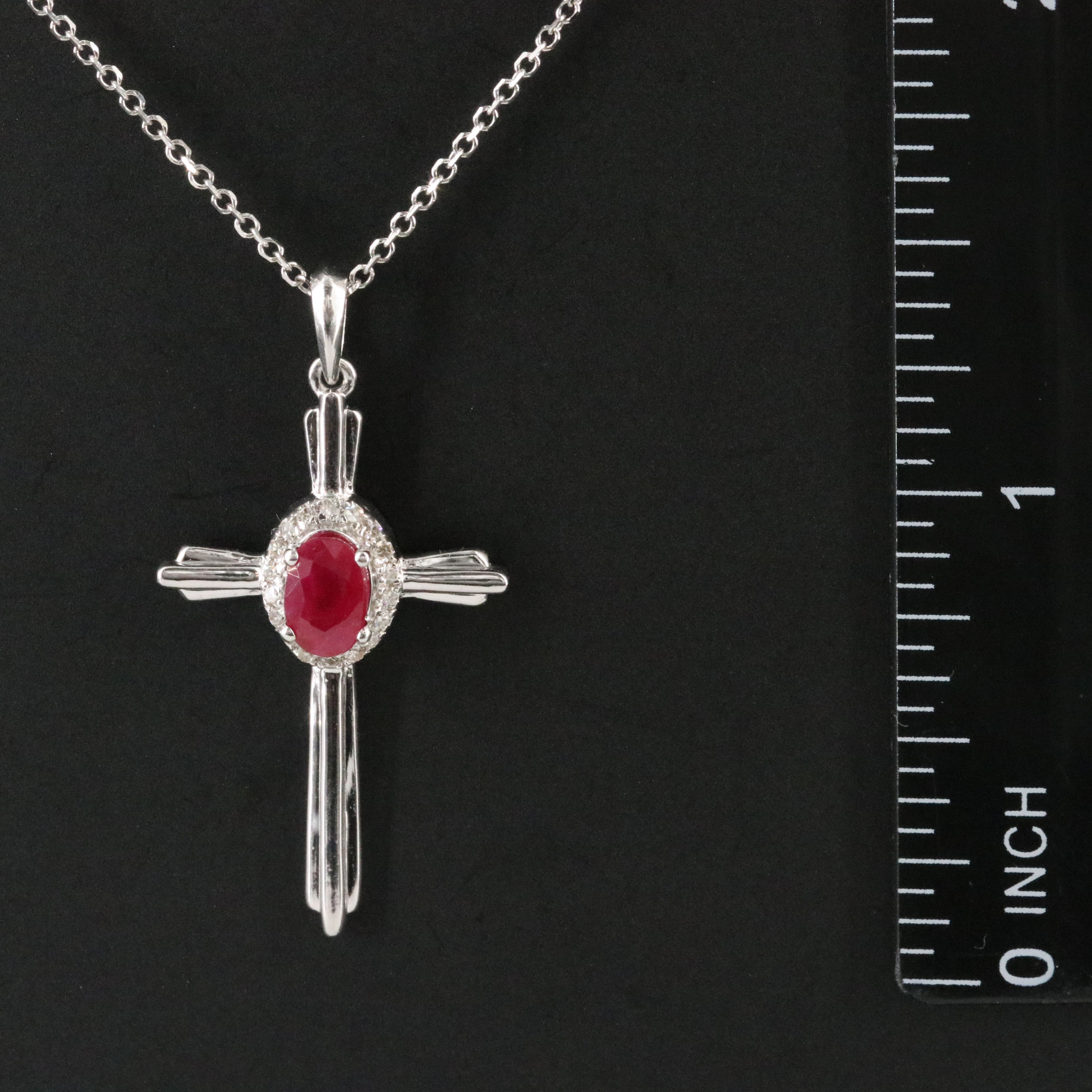 10K Ruby and Diamond Cross Pendant on 18K Chain Necklace