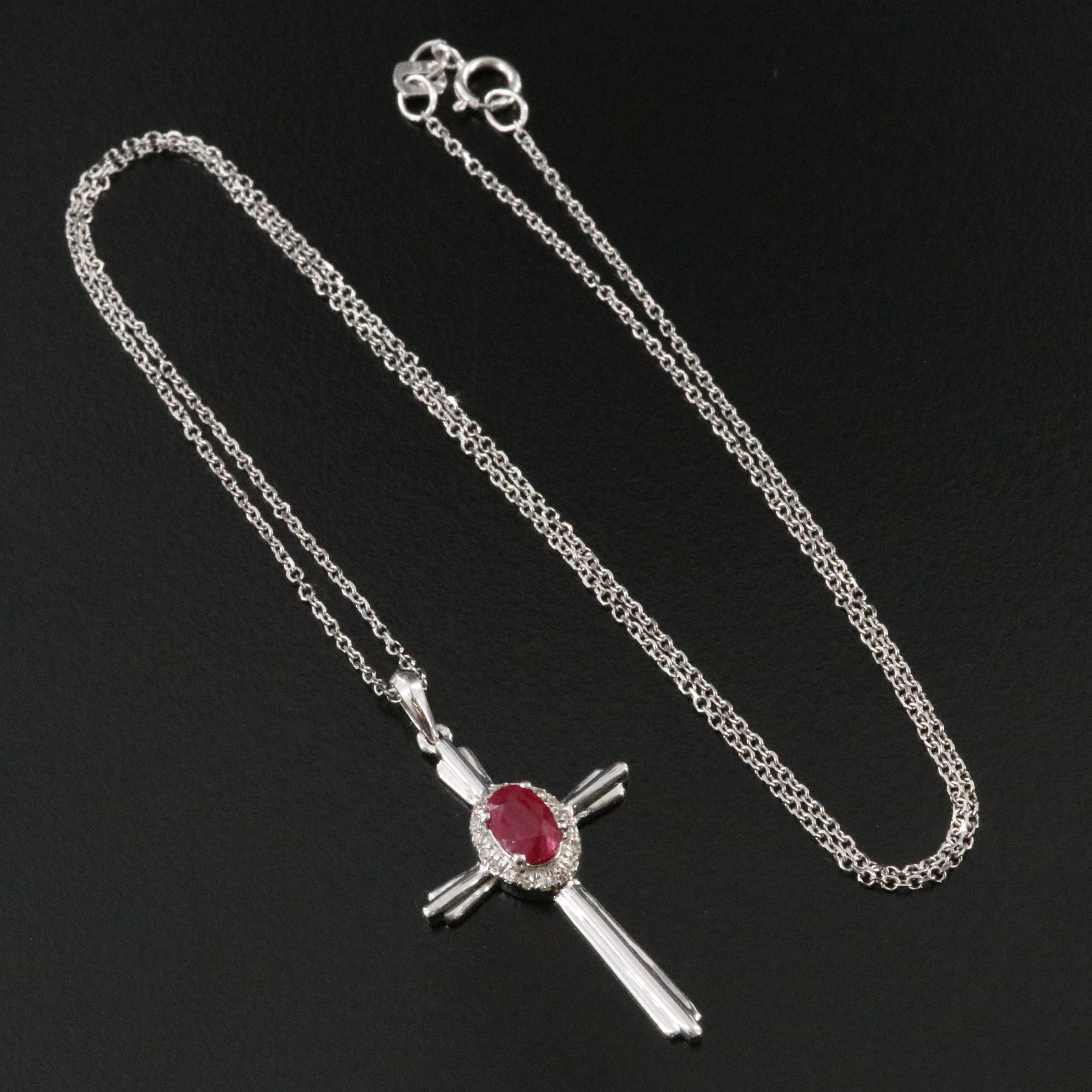 10K Ruby and Diamond Cross Pendant on 18K Chain Necklace