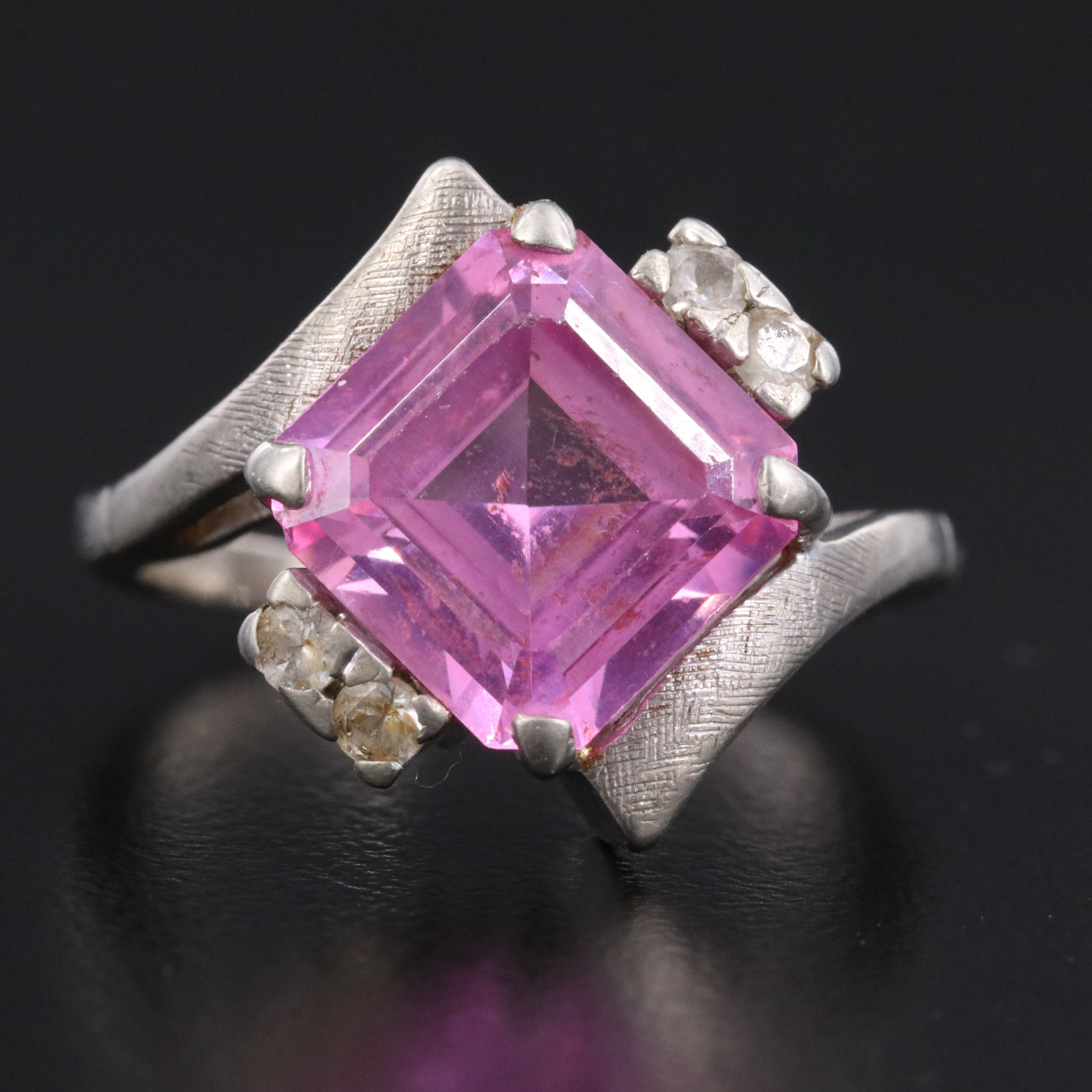 Vintage 10K Pink Sapphire and White Spinel Ring with Florentine Detail