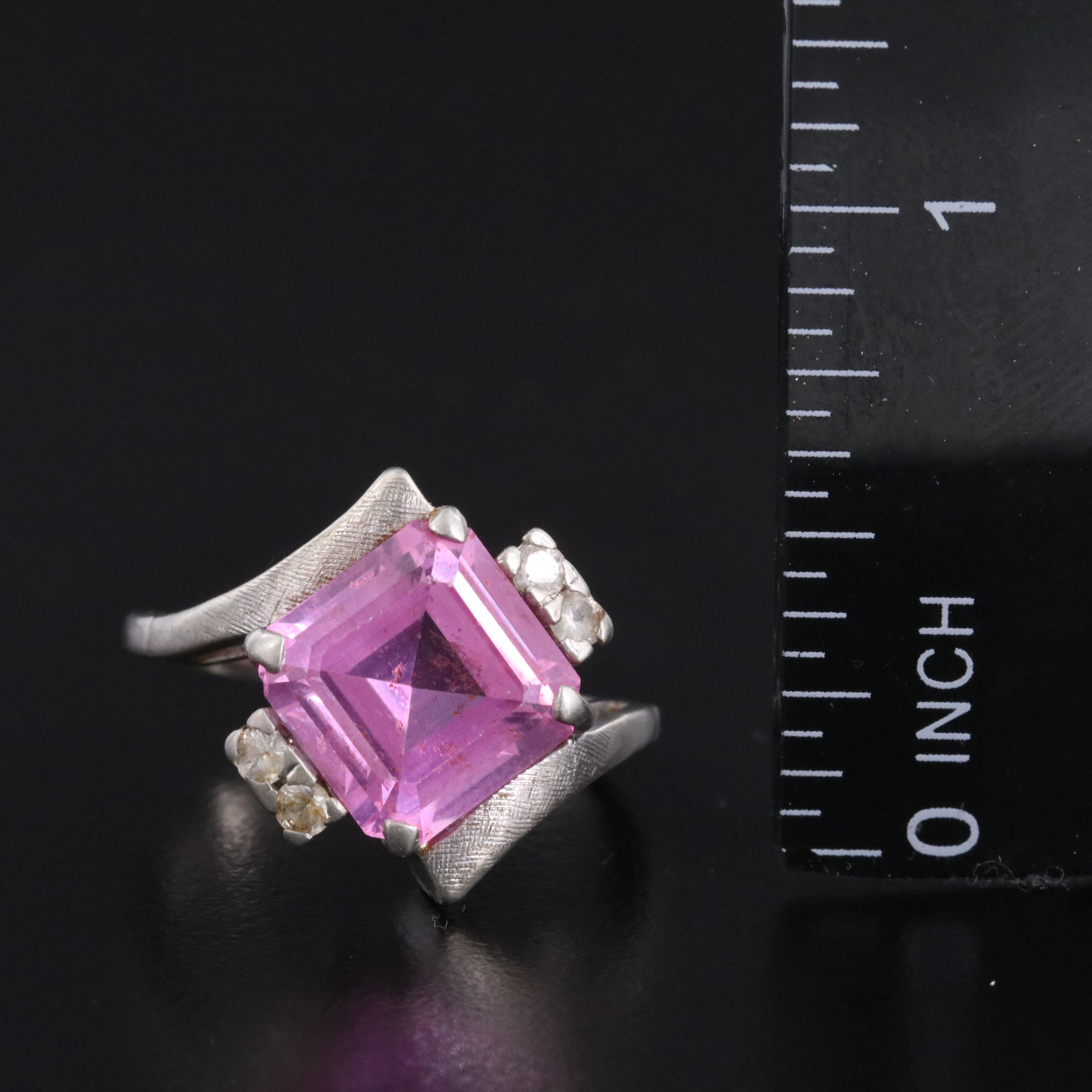 Vintage 10K Pink Sapphire and White Spinel Ring with Florentine Detail